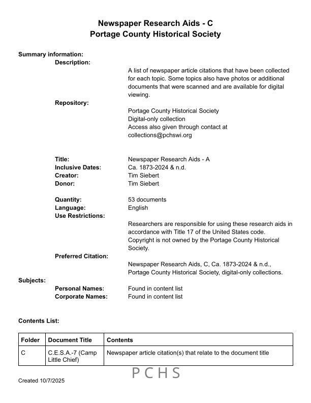 A list of topics for newspaper research guides that all begin with the letter C.
