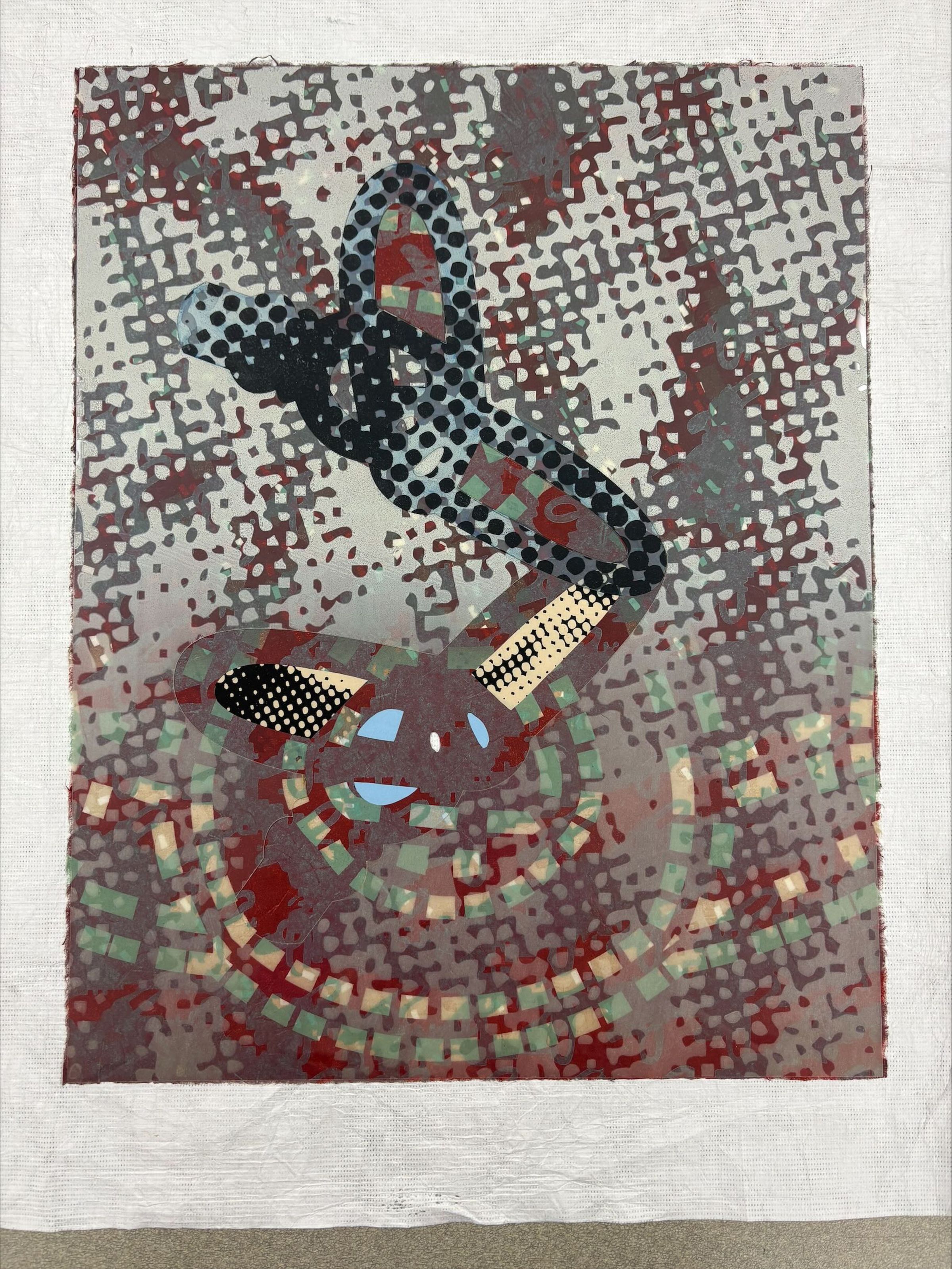 Front: A vertically oriented, medium sized print that utilizes multiple colors to create its composition such as: red, green, blue, grey, black and yellow. The work is composed of multiple layers of paper with varieties of patterns and geometric shapes. over top of the print is a mylar layer with a paper layer underneath.