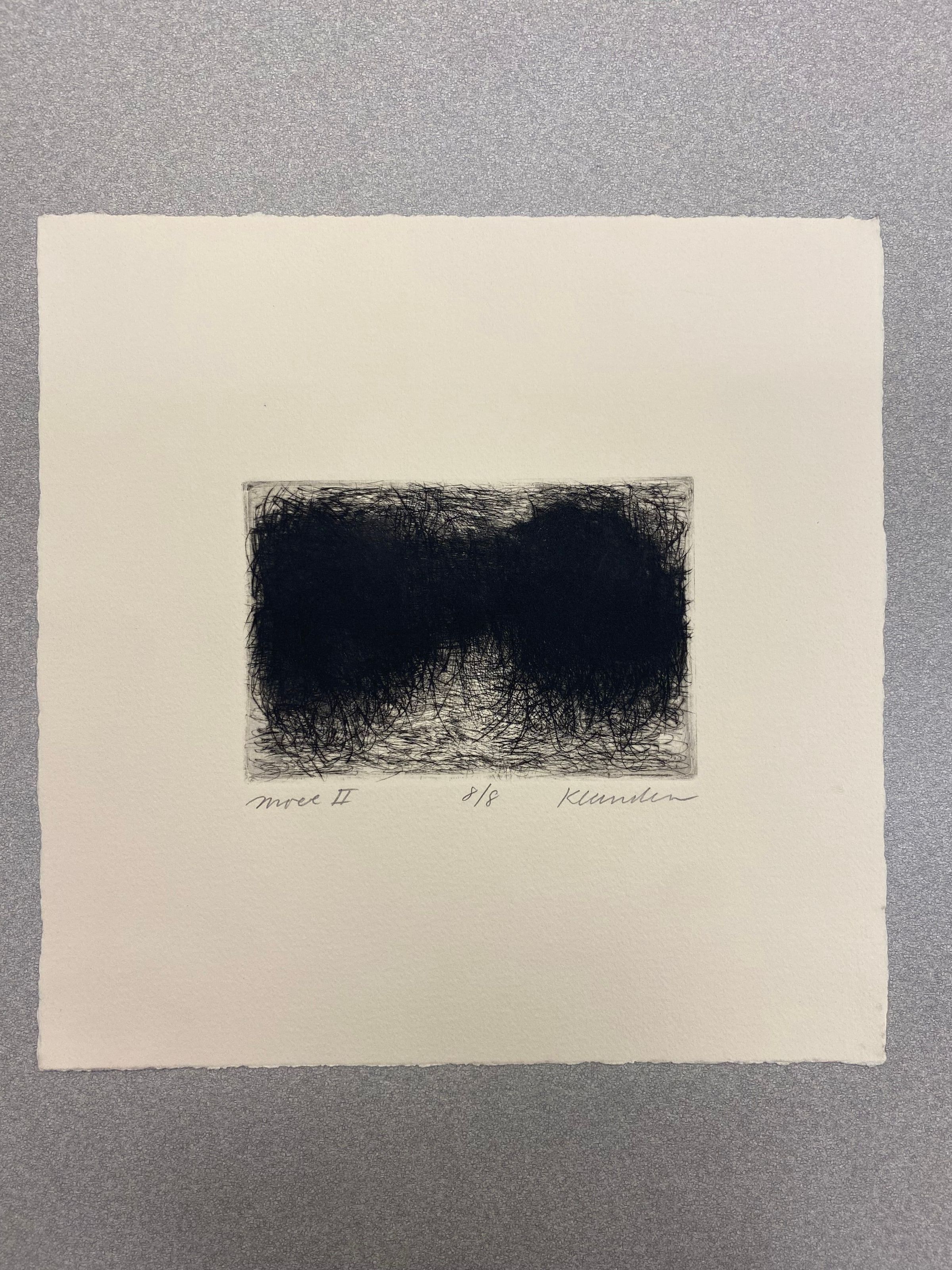 Move II (Overall shot): A medium horizontally oriented print on a square sheet of paper. The main design of the print is in a horizontal rectangle, featuring abstract line work that is more dense at its center area and gradually becomes less concentrated on the outer edge. The overall shape of the line design is of two black circular motifs that is connected at the middle, the impression of the infinity sign.
