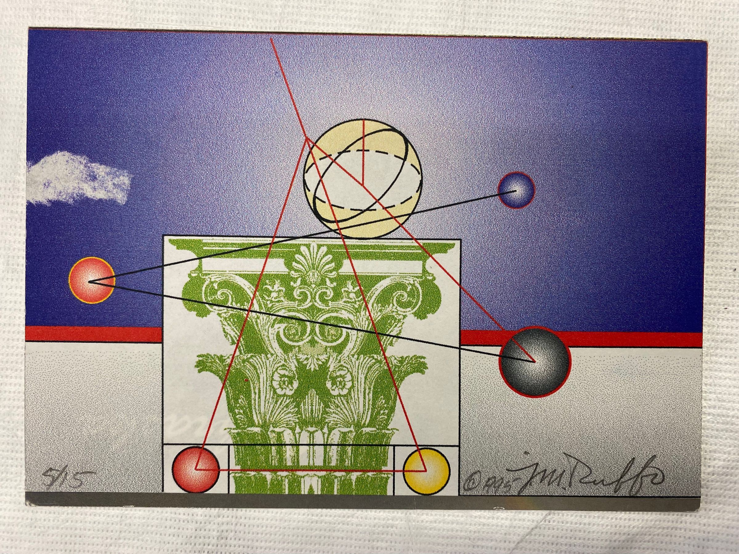 Untitled (5/15): Small 5x7 recycled postcard with printed image horizontally oriented and adhered to the front. The printed image is of a green-decorated column inside a white square with six spheres (red, yellow, gray, and purple) surrounding it as various black and red lines connect the spheres. The background has two rectangles of gray on the bottom and gradient purple on the top. The purple is transitioning from lighter in the center to darker on the edges, with a red line separating the two background colors.