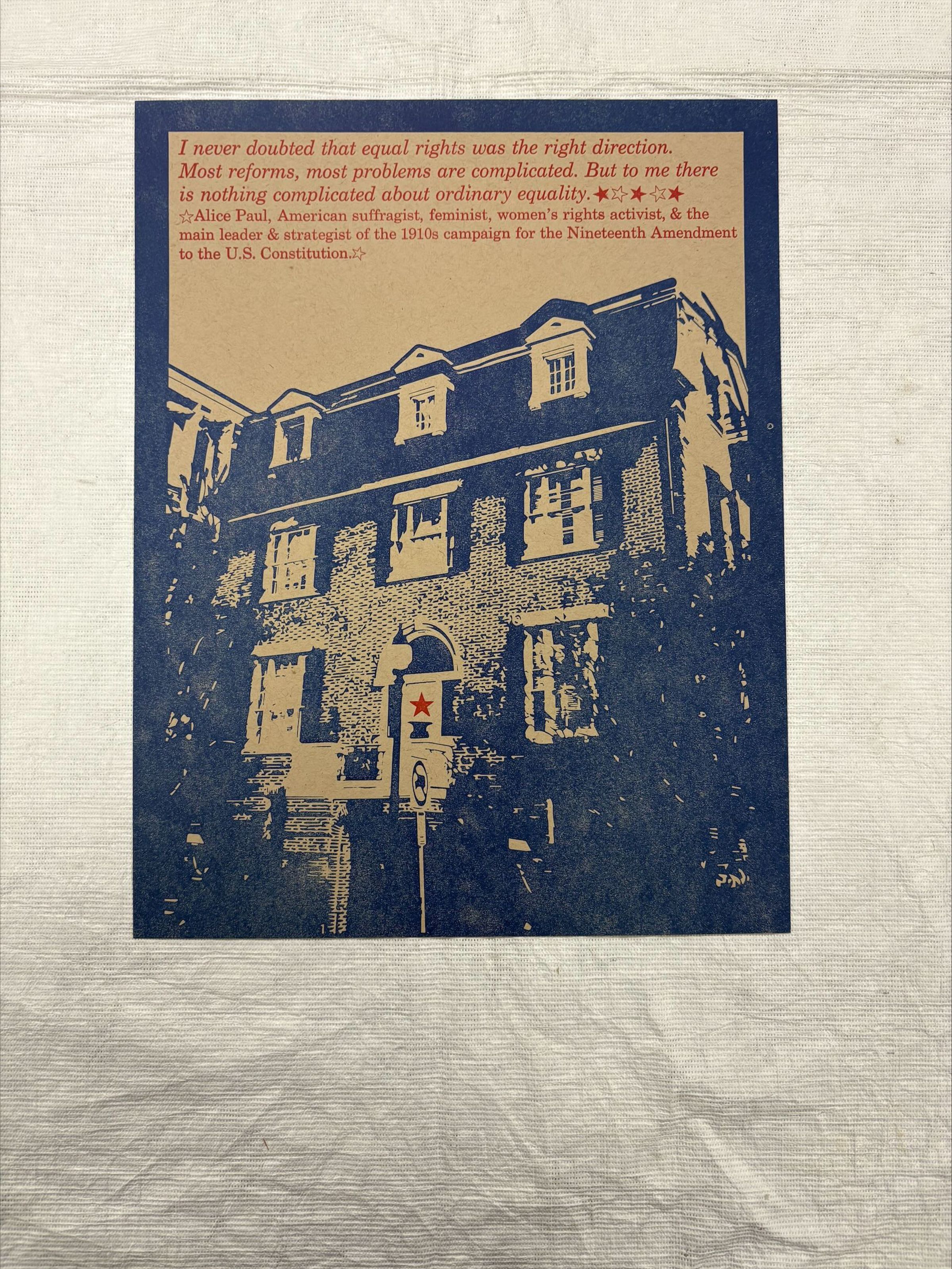 Front: A vertical oriented linoleum block print that depicts the exterior of a house. The print is a mix of imagery and text that correlate with one another historically.