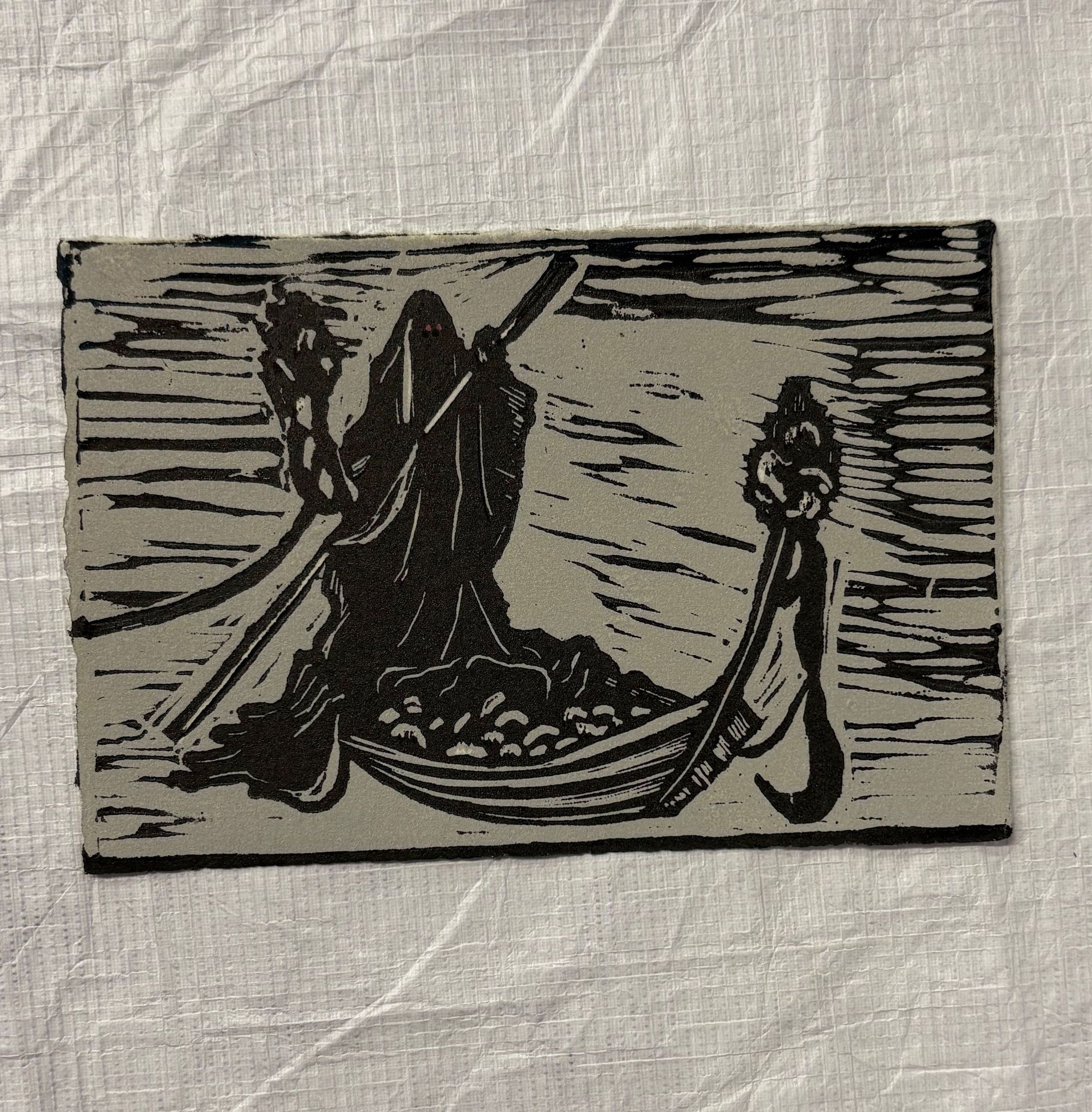 Front: A small, horizontally oriented print that is done a thin piece of paper with primarily black and grey pigment with an accent of red for the figures eyes. At the center of the print stands a reaper like figure that stands on a boat as if preparing to guide a soul across the water that the boat floats on.