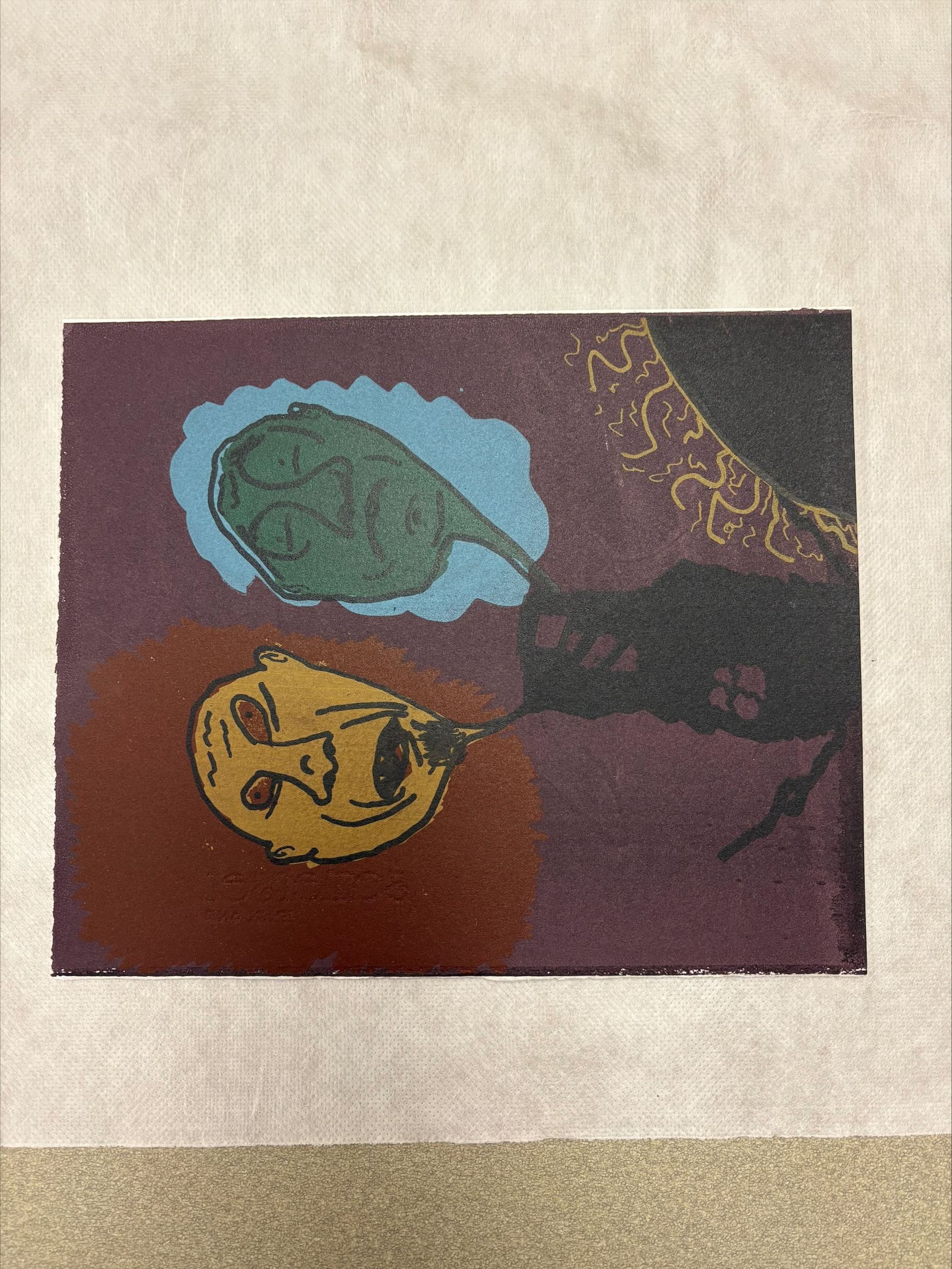 Front: A horizontally oriented, medium sized print that is multicolored. The print features abstract heads expressing different emotions while they are attached to a structural body.