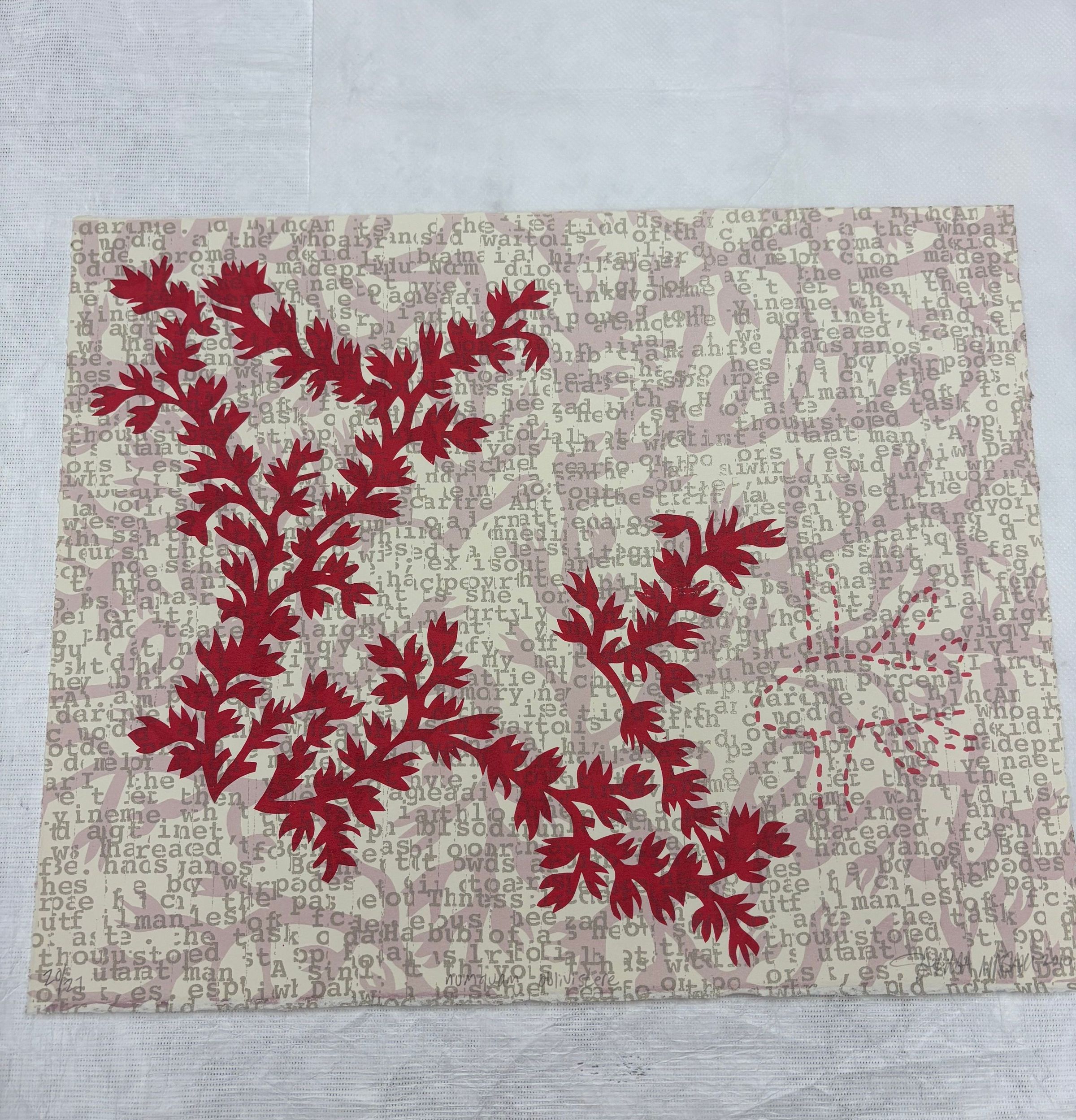 Front: A medium sized, horizontally oriented print that is done on a cream colored ground with red and grey pigment. The print has a background that consists of a light colored floral patten with a series of words and on top of that is a brighter red vine like pattern that covers the proper right side and center of the work with a plane like object on the left side.