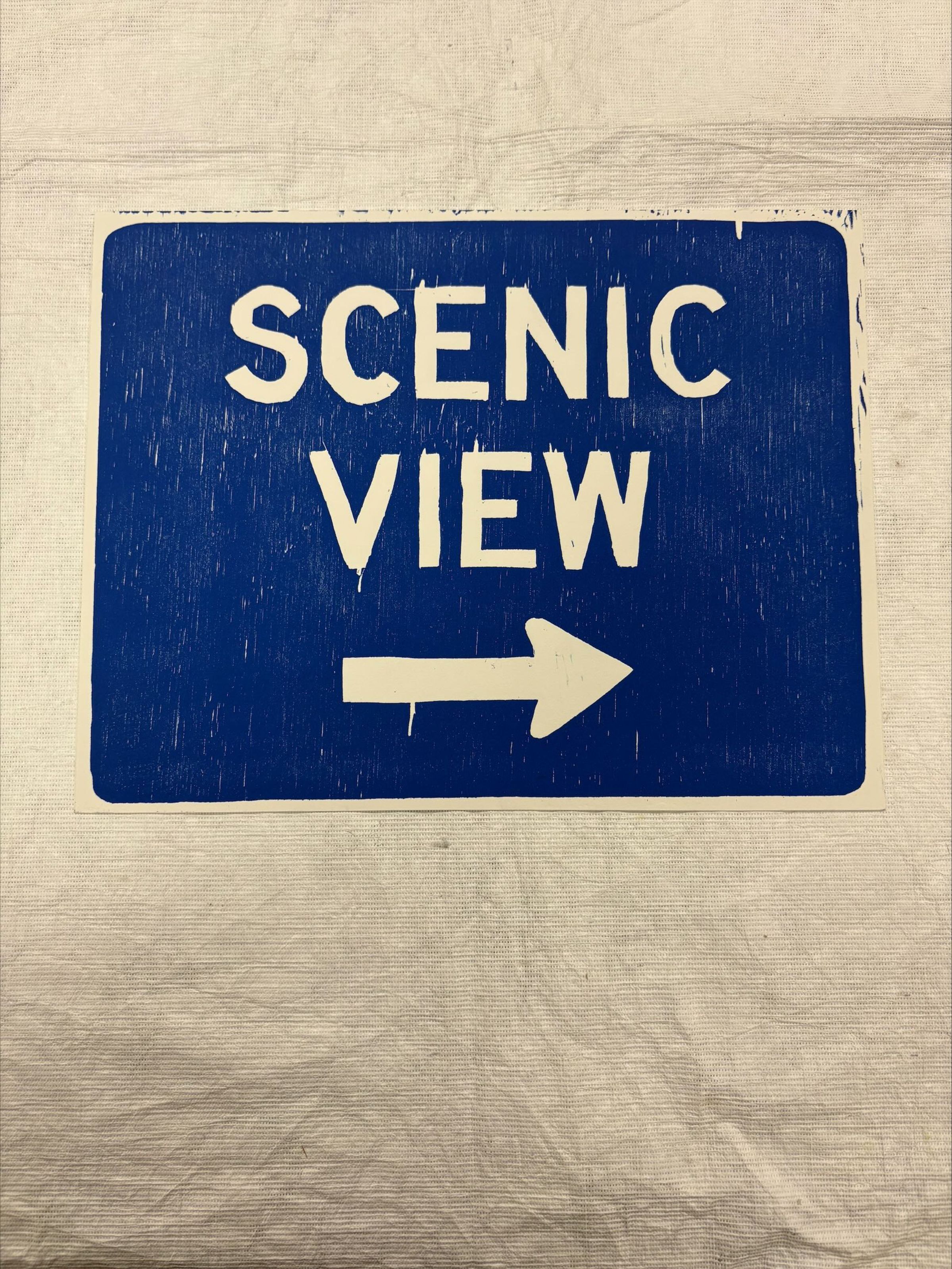 Front: A horizontal relief and screen print that on the front mimics a road sign. While the back of the piece is a "scenic view" of a landscape rendered by the artist.
