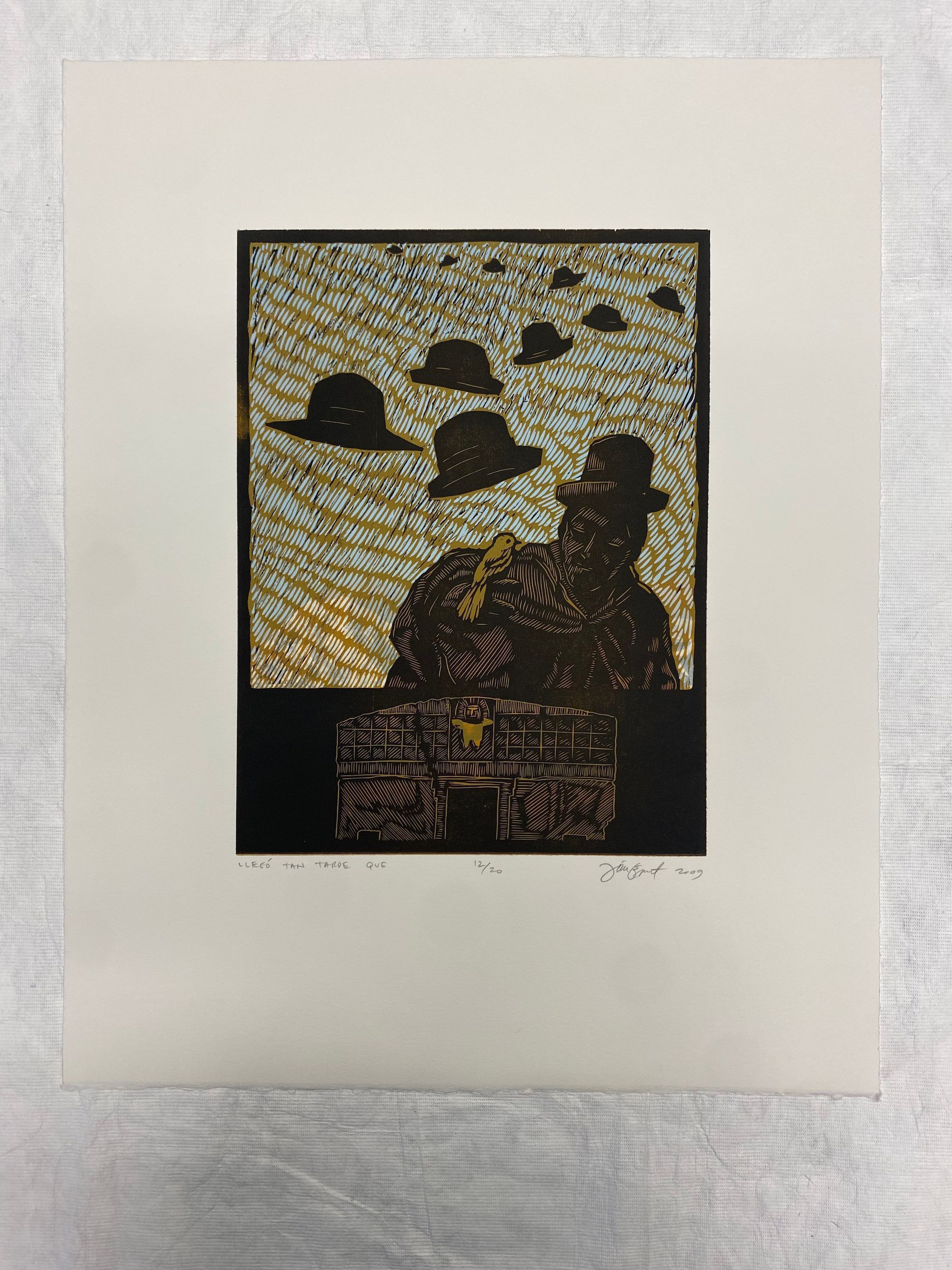 Llego Tan Tarde Que: Large vertical intaglio print depicting a female Cholita figure with a bird perched on her finger against a inscised patterned background of green, ocher, and aqua. Zigzagging behind the female figure are hats growing smaller as they go further into the background. Beneath the figure in a black rectangular portion of the print is a building depicted with a small figure on the facade.