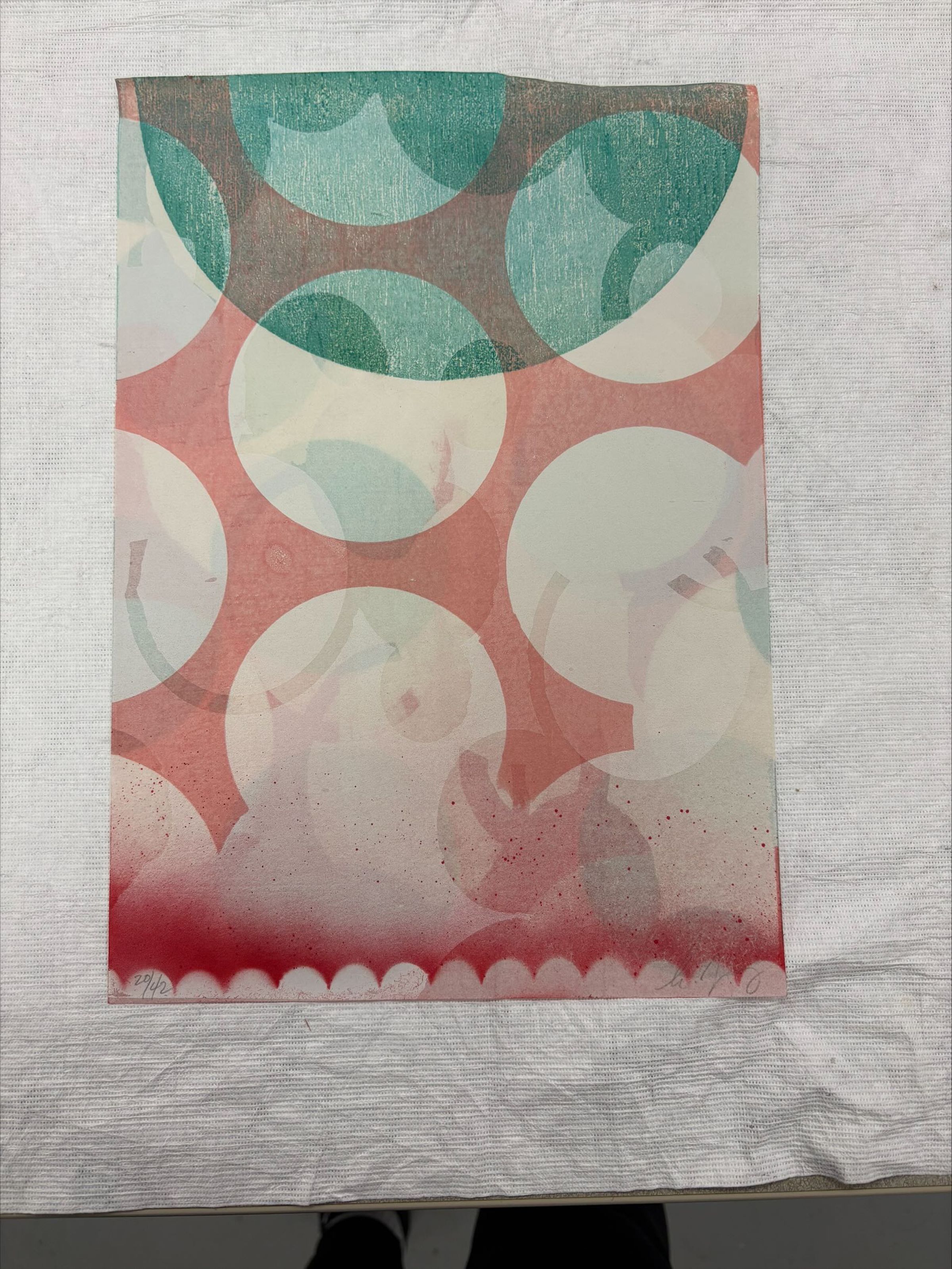 Front: A vertical, medium sized, screen print with various colors such as teal, red and cream. The print depicts various shapes, mostly circles, overlapped and intertwined with one another.