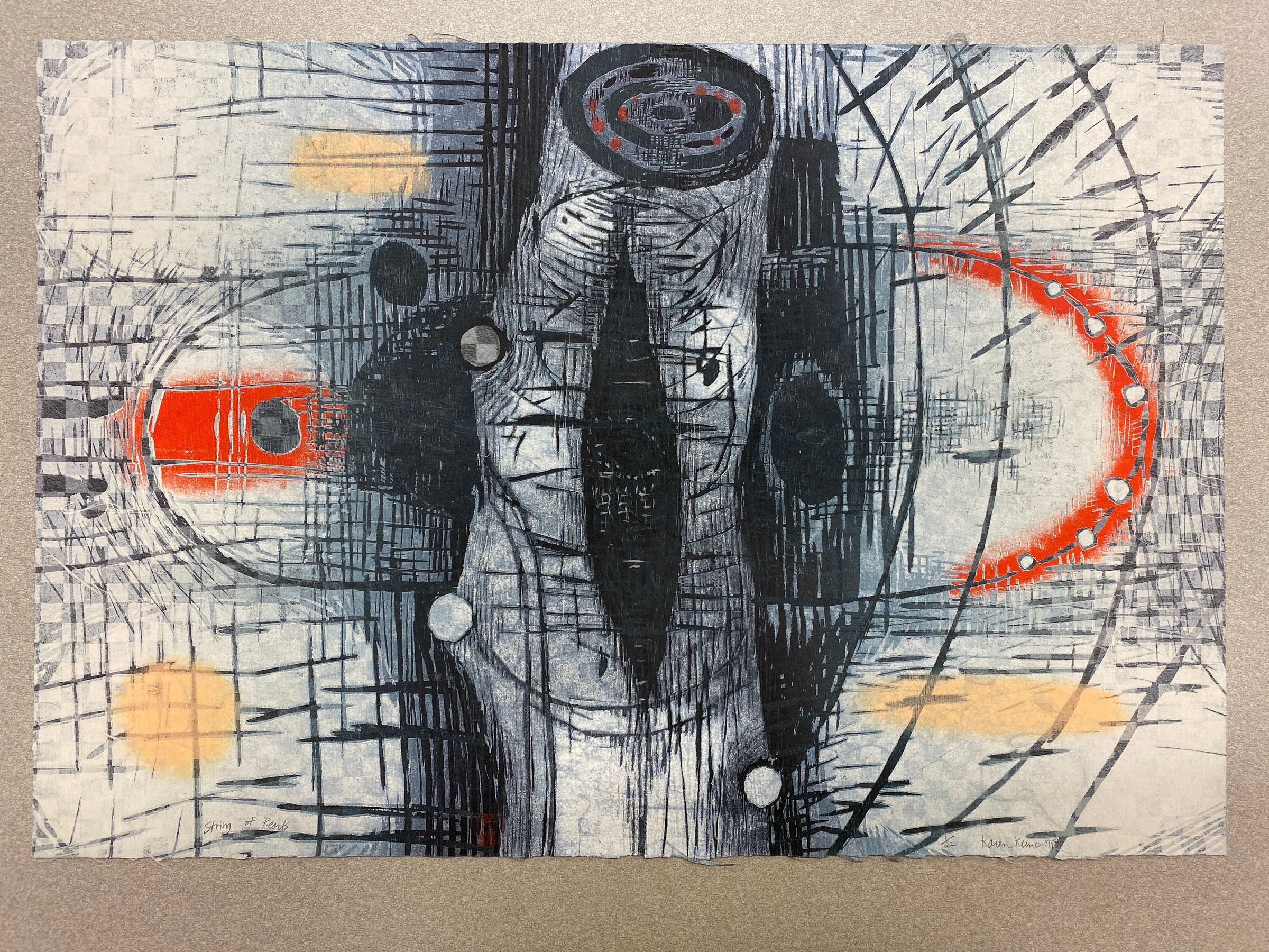 String of Pearls (Overall shot): A large print in a horizontal orientation on a thin cotton rag paper. The design is geometric with a central element perpetuating a divide between the composition. The central element might be suggestive of a labia, by pertaining an ovular v-shape focal point being topped with a circular motif. On the left and right of the print linear lines, circular motifs, checkered patterns, and cross hatching elements balance and reflect off the central composition.