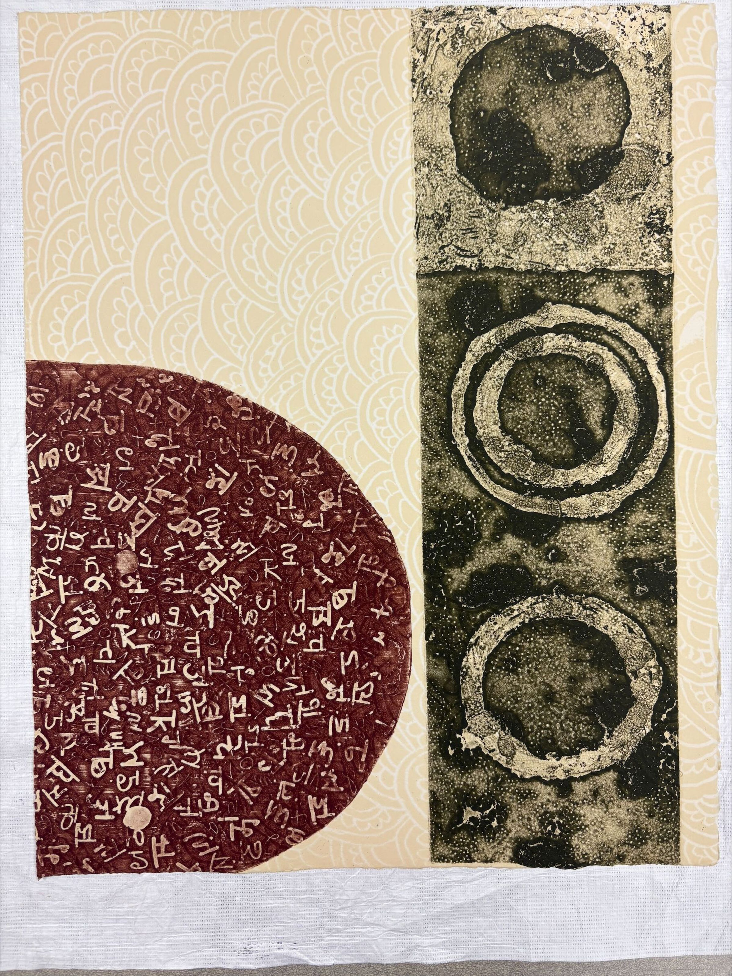 Front: A vertically oriented, medium sized print that uses red, green and white pigments on a cream colored ground. The print has a floral like pattern filling up the areas of negative space while there is a cropped circle in the bottom proper right corner designed with symbols, and on the left there is a vertical geometric form composed of circles and squares.
