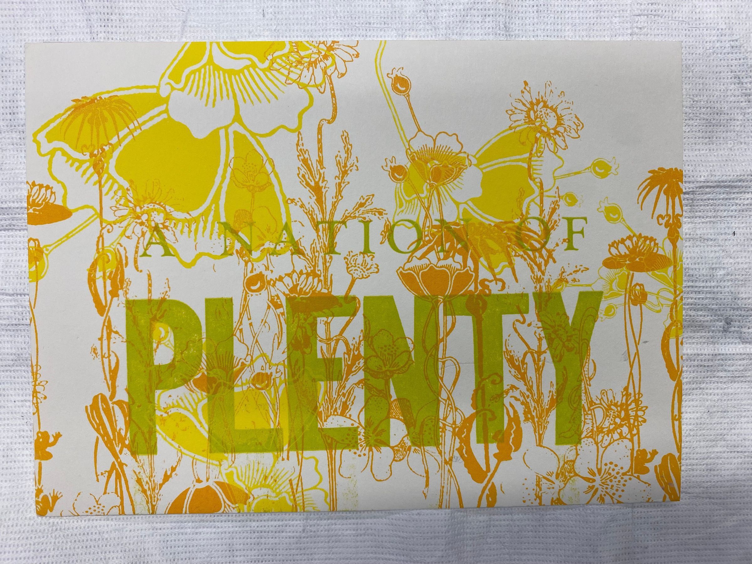 A Nation of Plenty: Small 5x7 letterpress postcard print with image horizontally oriented on the front. The printed image is a patterning of multiple types of flowers layered on top of one another with the words "A Nation of Plenty" printed over it. The artist's name with the run number is vertically printed on the backside in the center. Handwritten text is on the left back side of the postcard, and in the top back, left corner is a floral postage stamp.
