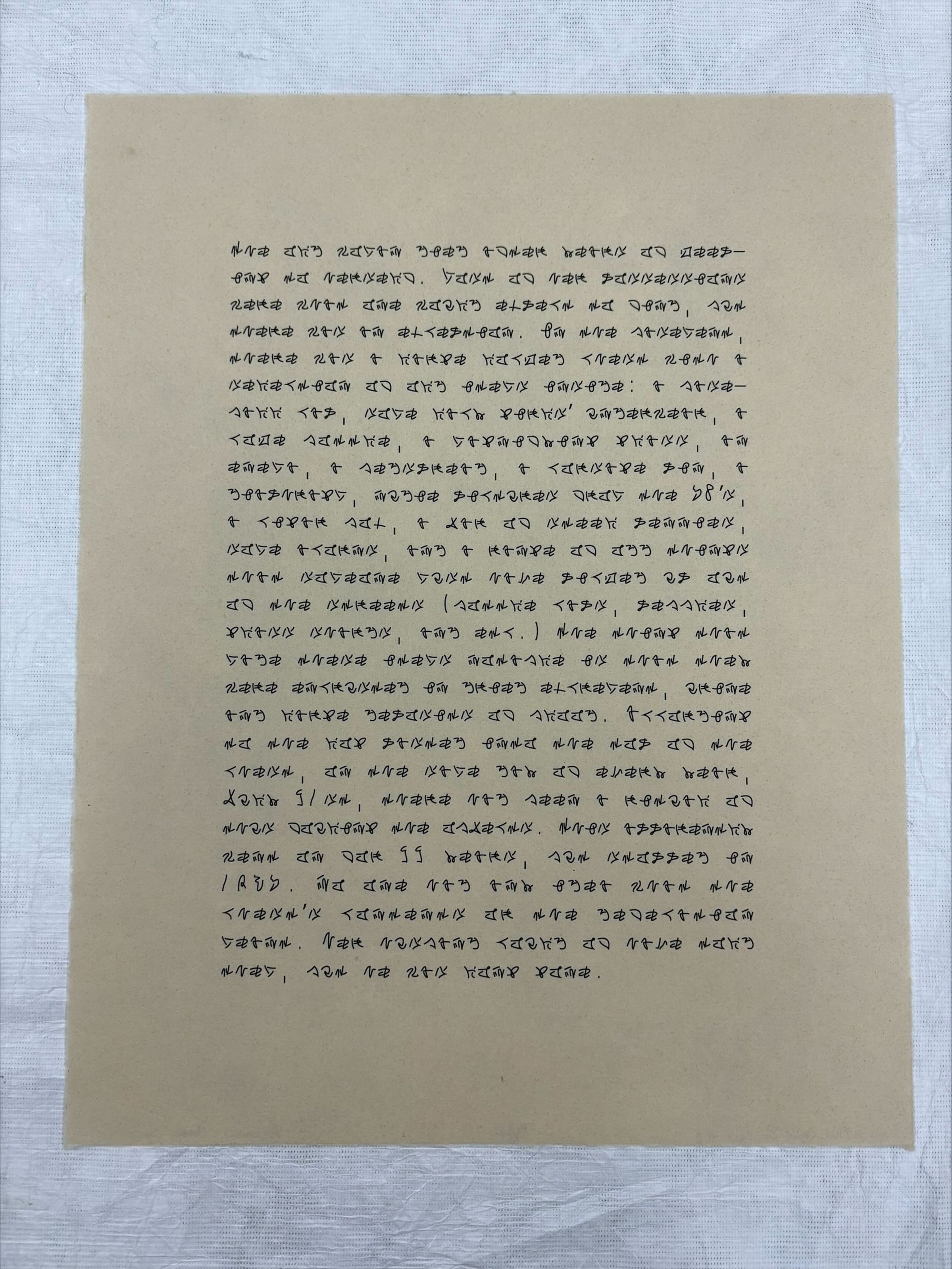 Front: A vertically oriented, medium sized print that uses black pigment on a tan colored paper. The print consists entirely of text in a language that is not known, with no imagery to accompany the text.
