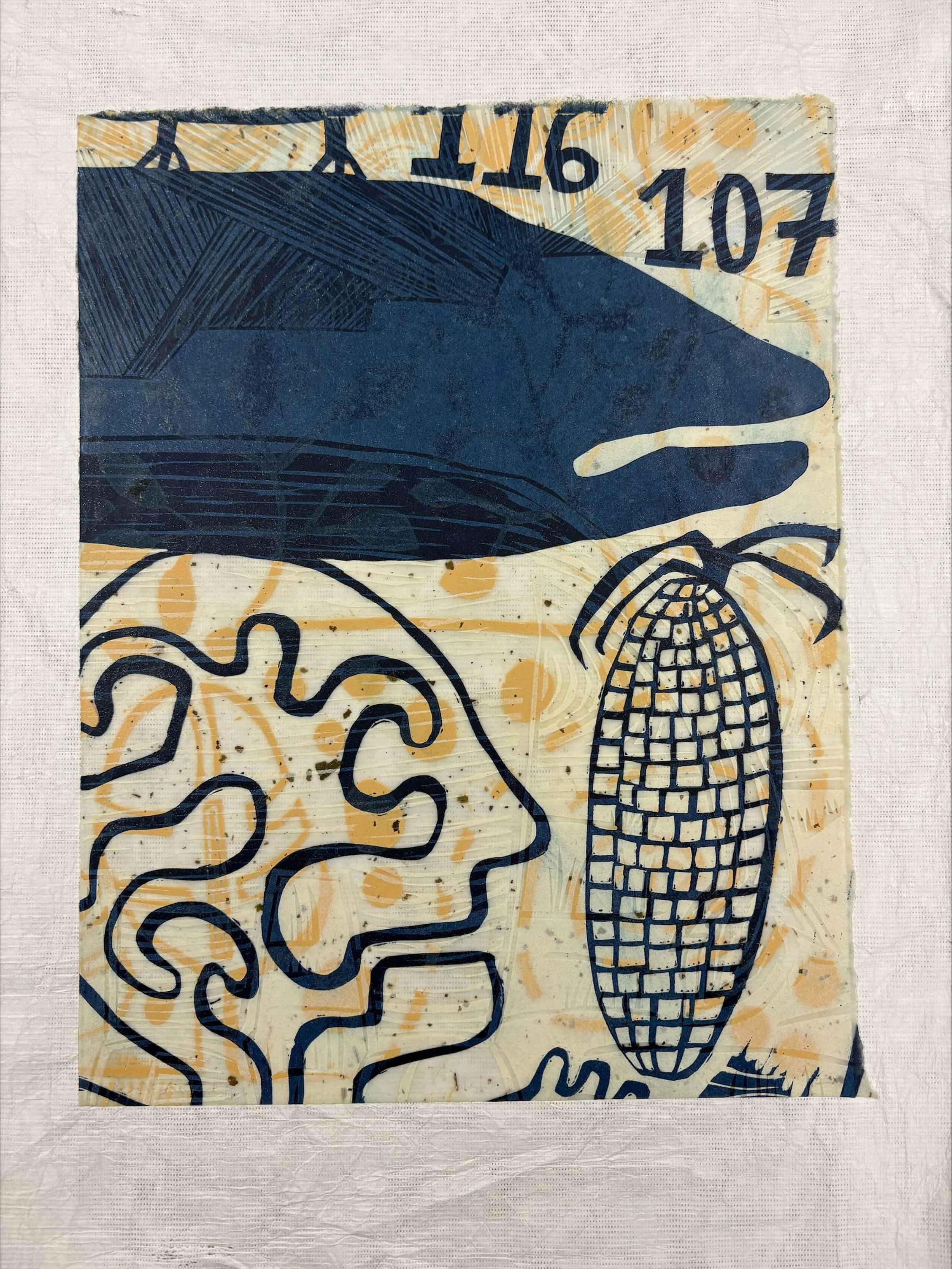 Front: A vertically oriented, medium sized print that utilizes yellow, blue and black to compose its subject. The print features geometric and flora like patterning that is overlaid with imagery of a person, a fish and single cob of corn.