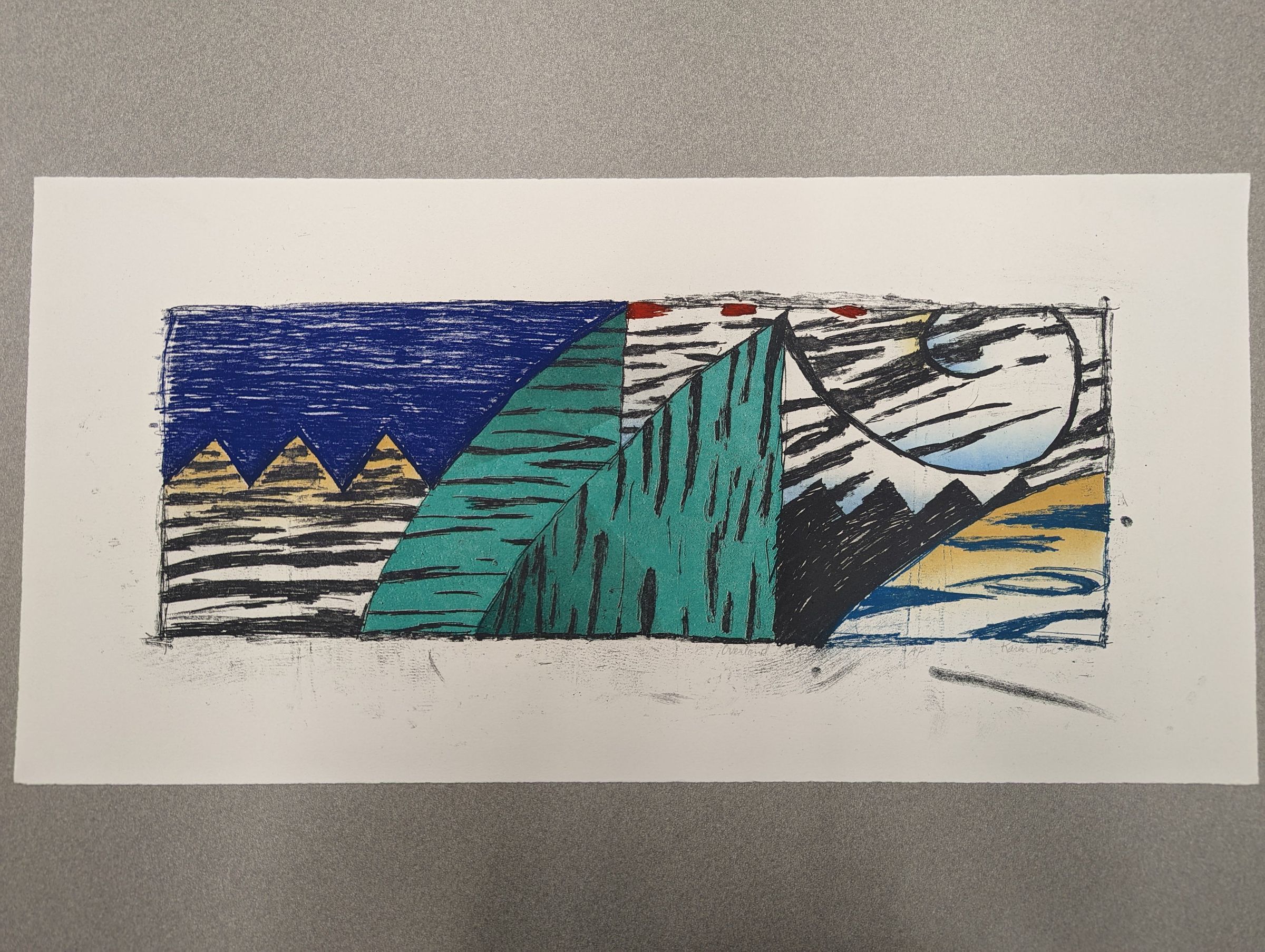 Front of print: A large print depicting a bordered rectangular field. It contains abstracted/high saturation colors and designs. From left to right: three spiked mountains with a yellow gradient and horizontal stripes is positioned below a sketchy deep blue sky; two triangular shapes are layered in the center underneath three dots of red pigment, both a deep blueish green and with black stripes, positioned horizontally on left and vertically on right; more stripes on white and blueish background with a slight blue gradient, over the black silhouettes of more mountains, cornered by a yellow gradient with cloudy blue stripes in the bottom right.