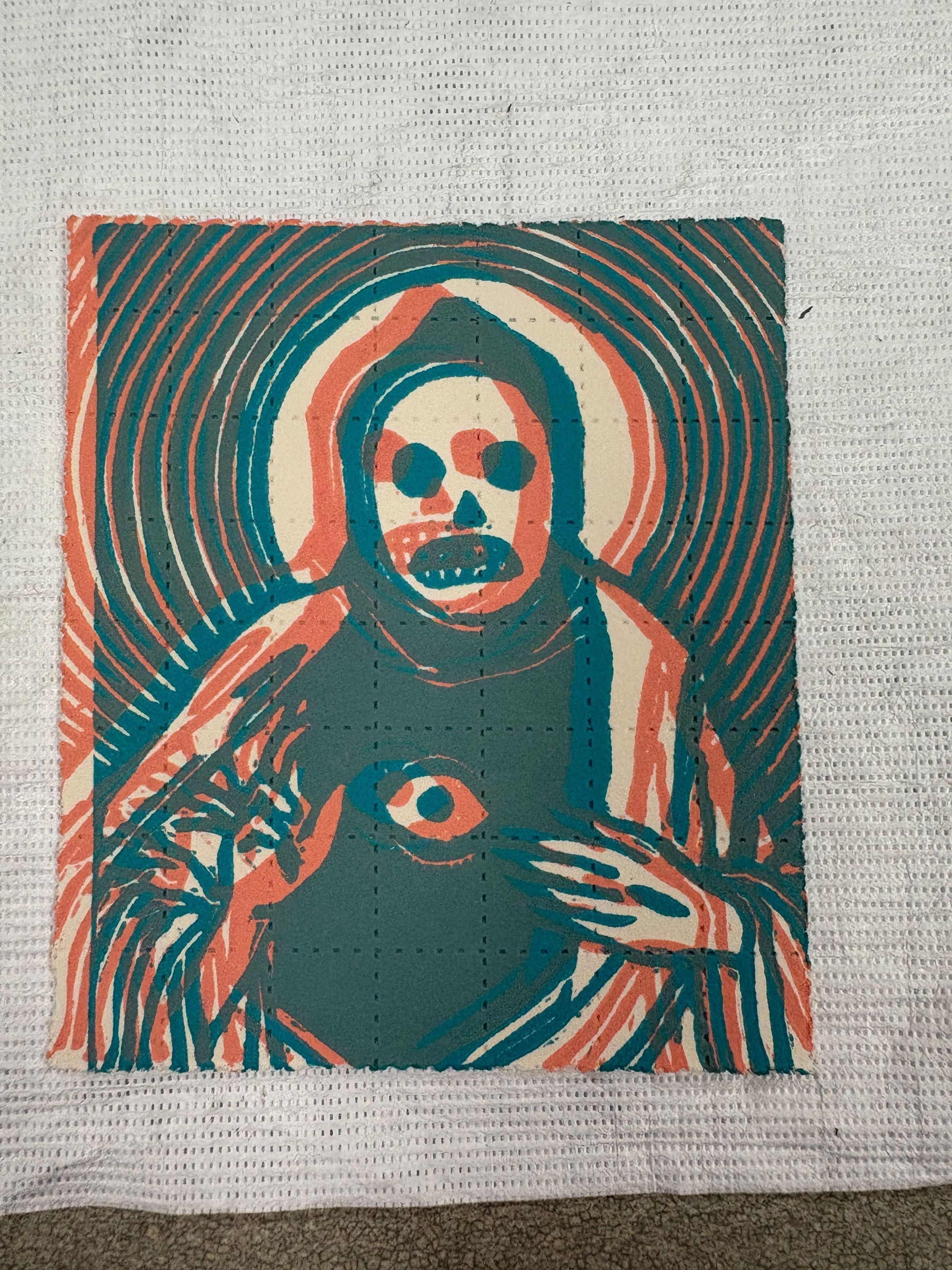Front: A small, vertically oriented print that is done on a cream colored ground with blue and red pigment. At the center of the print is a a hooded grim reaper figure that looks out to the viewer. The Image is duplicated upon itself with a red figure at the center and a blue figure on top slightly off center.