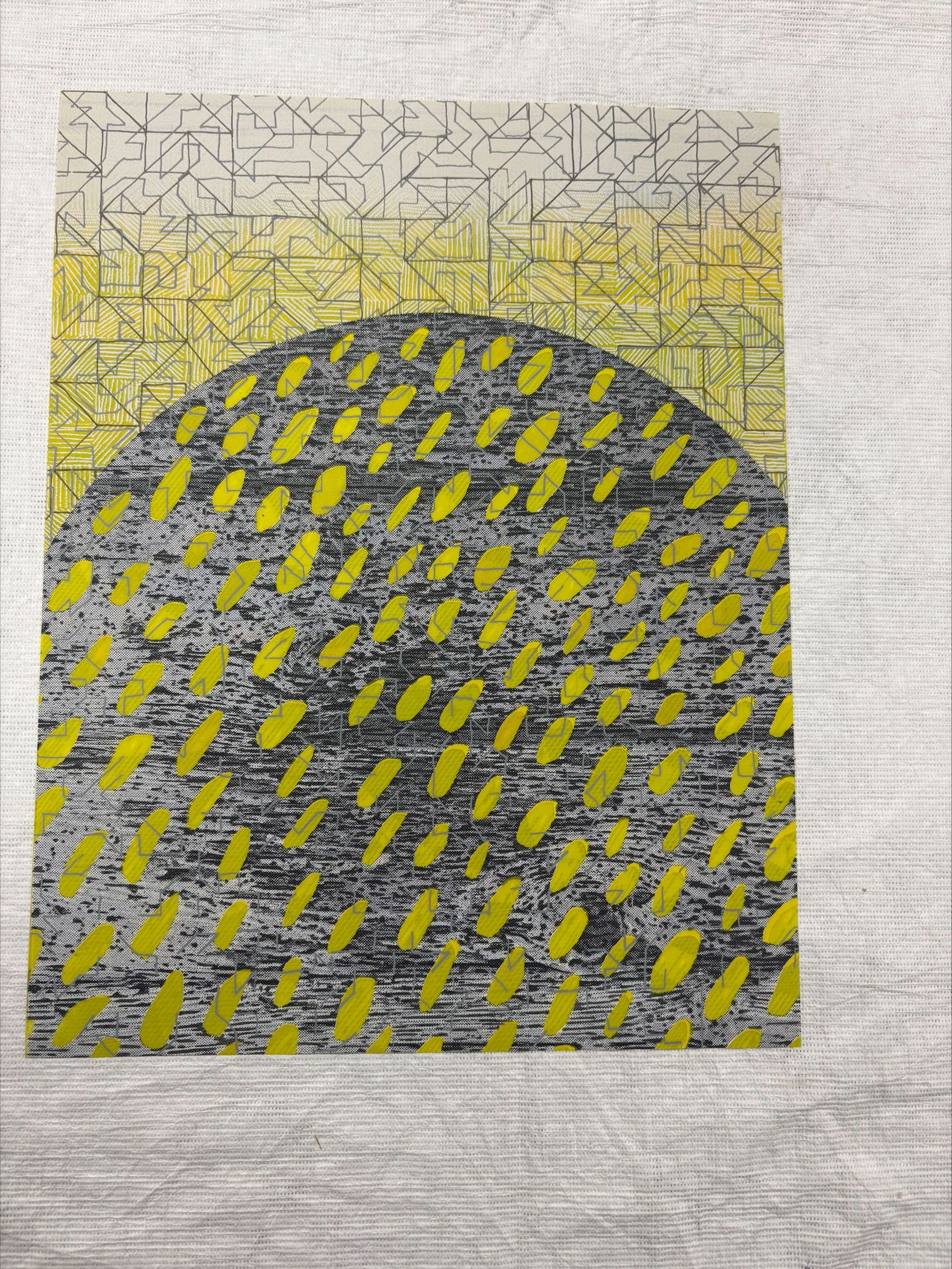 Front: A vertical oriented, standard letter size, doubled-sided screen print with multiple colors such as yellow, black, red and grey. The print depicts multiple geometric shapes overlapping and intertwined with one another.