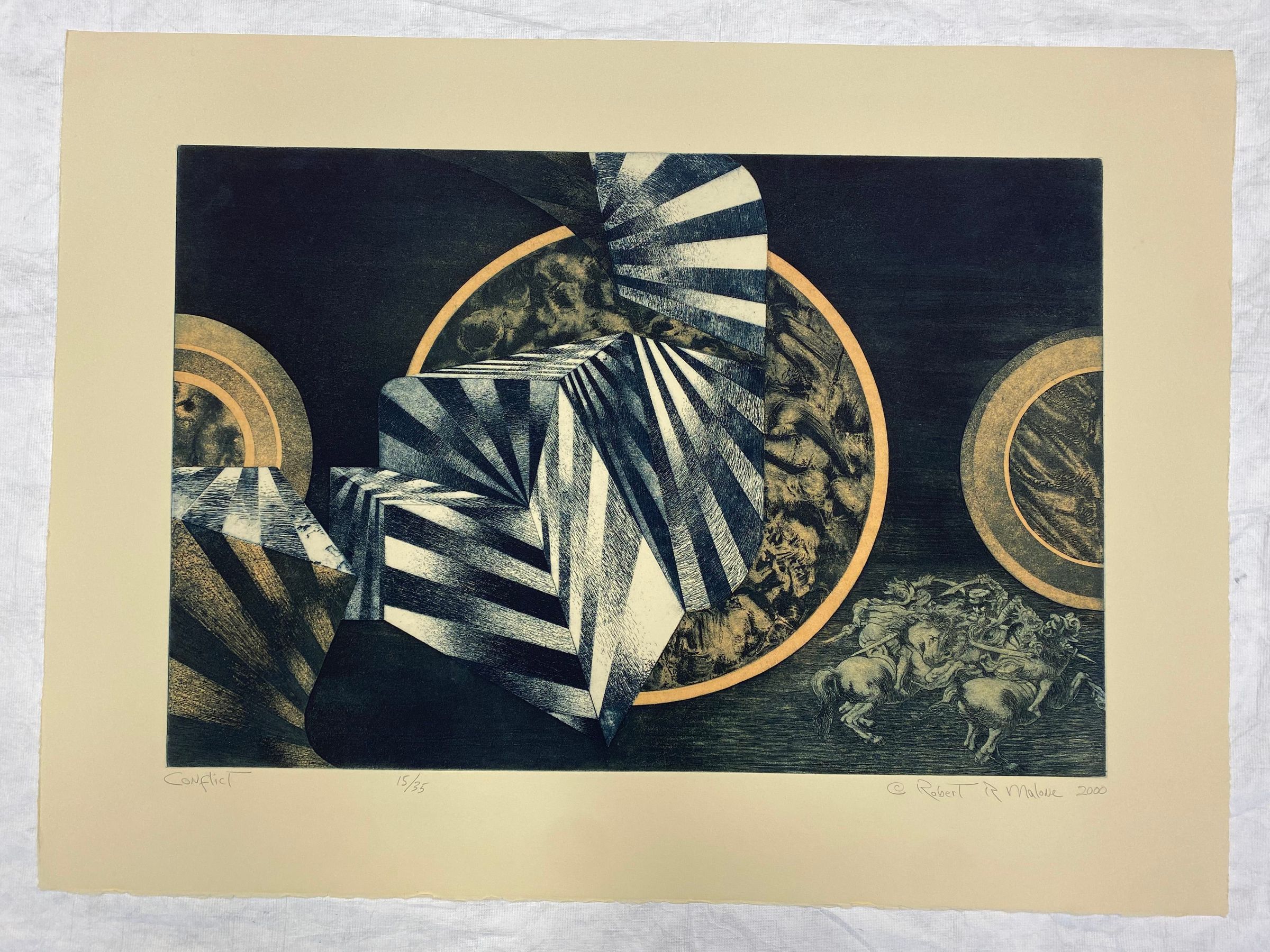 Conflict: Large horizontal lithographic print with a centrally placed plate of a large-scale patterned geometric shape against a dark background coming into the composition from the top center and bottom right corner. The geometric shapes pattern flow appears to conflict in the center of the composition. There is a large central circle and smaller half circles on both the left and right. In the bottom left corner is a battle scene of two opposing figures with swords on horses in conflict.