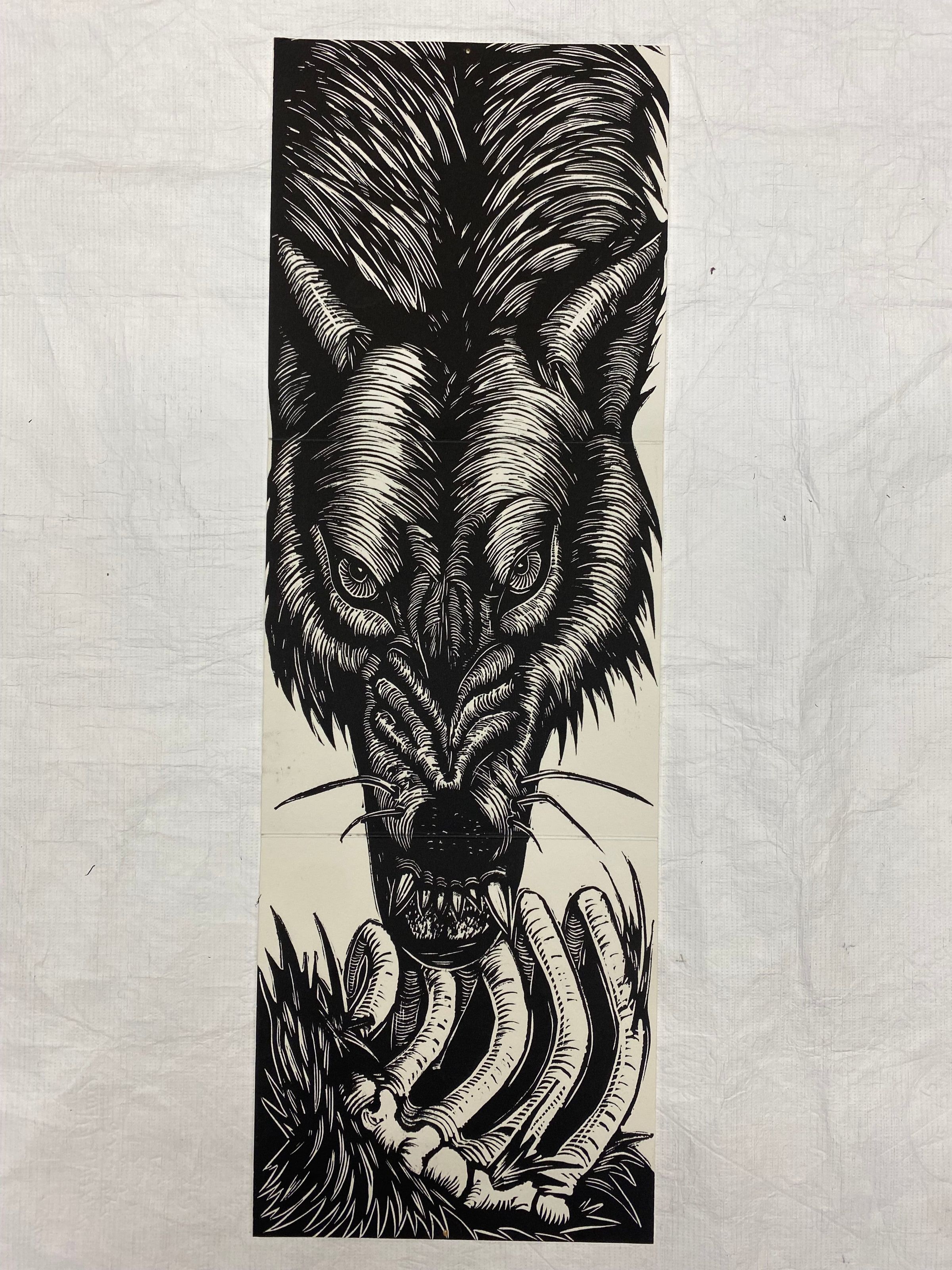 Dear Deer Thanks for Being so Tender: Medium vertically oriented print on cotton rag paper folded into thirds to be displayed sitting up. The image is of a canine form, and a circus with the ribs exposed pulling with fur pulled away. The canine's teeth are bared, and its gaze is transfixed on the viewer, emphasized by the repetitive lines making up the texture of its fur. The backside of the print has the title printed to be read while unfolding the image.