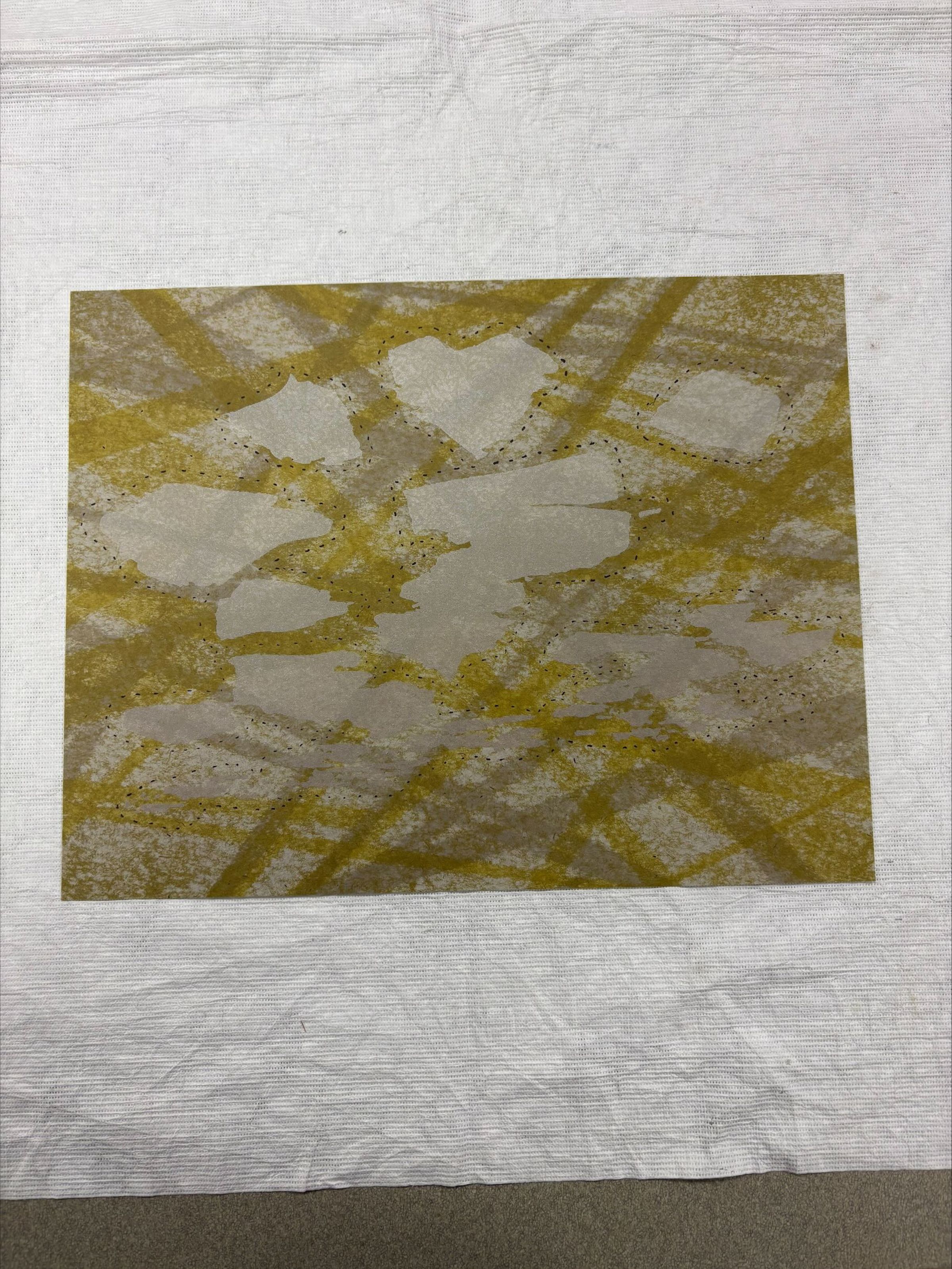 Front: A horizontal oriented, standard letter sized screen and letterpress print with the colors yellow, grey and spots of black. The print is an amalgamation of colorless abstract shapes that are outlined on a background of yellow and grey lines.