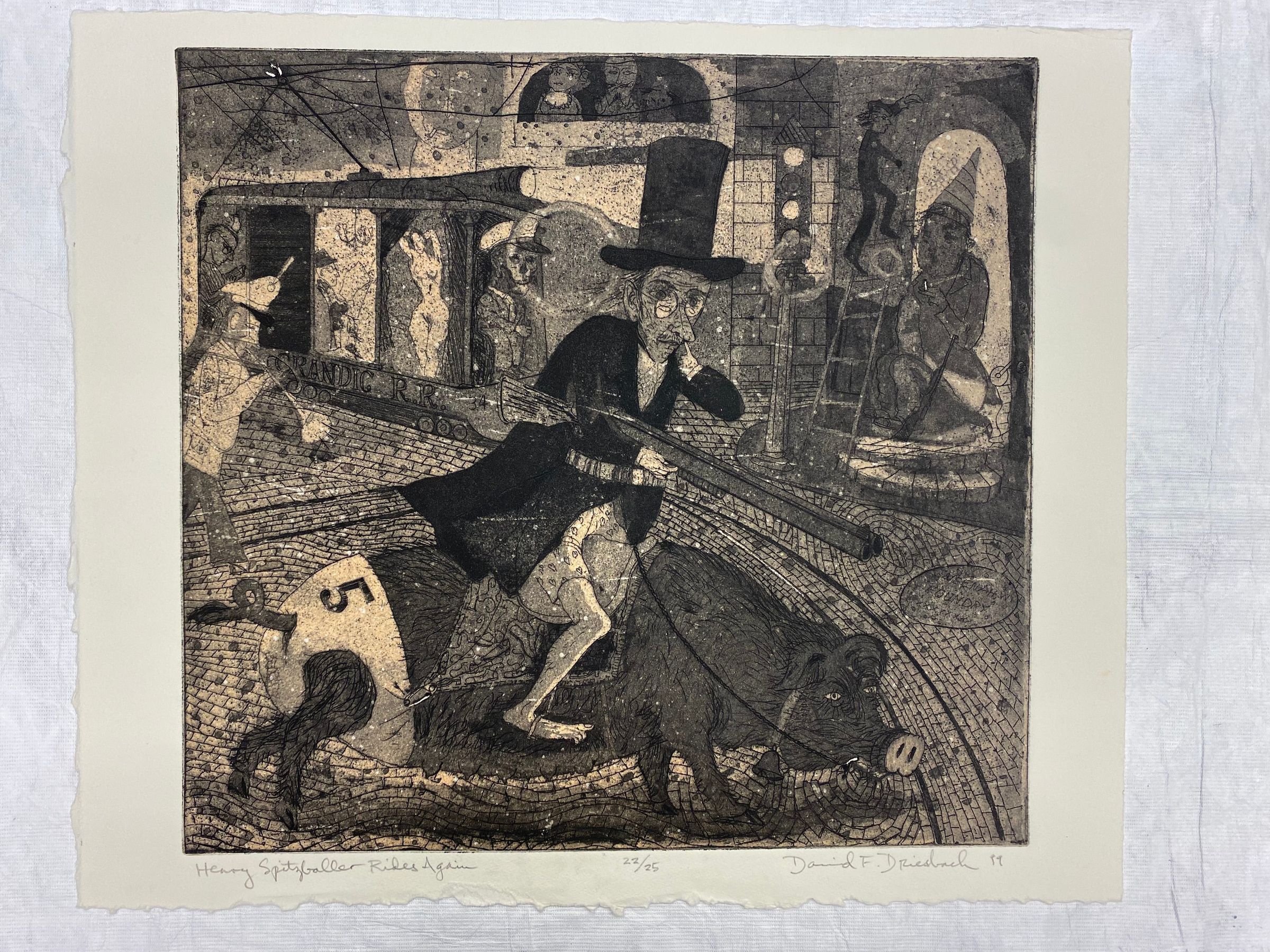 Henry Spitballer Rides Again: Medium horizontal etching of a man in a top hat carrying a gun and riding a large hog through the streets. In the background there is a trumpet player and a street car carrying different figures, there is a man climbing a ladder, a gnome coming through a doorway on the left with a gun and a cigarette, and three figures in a window in the top center looking down on the scene.