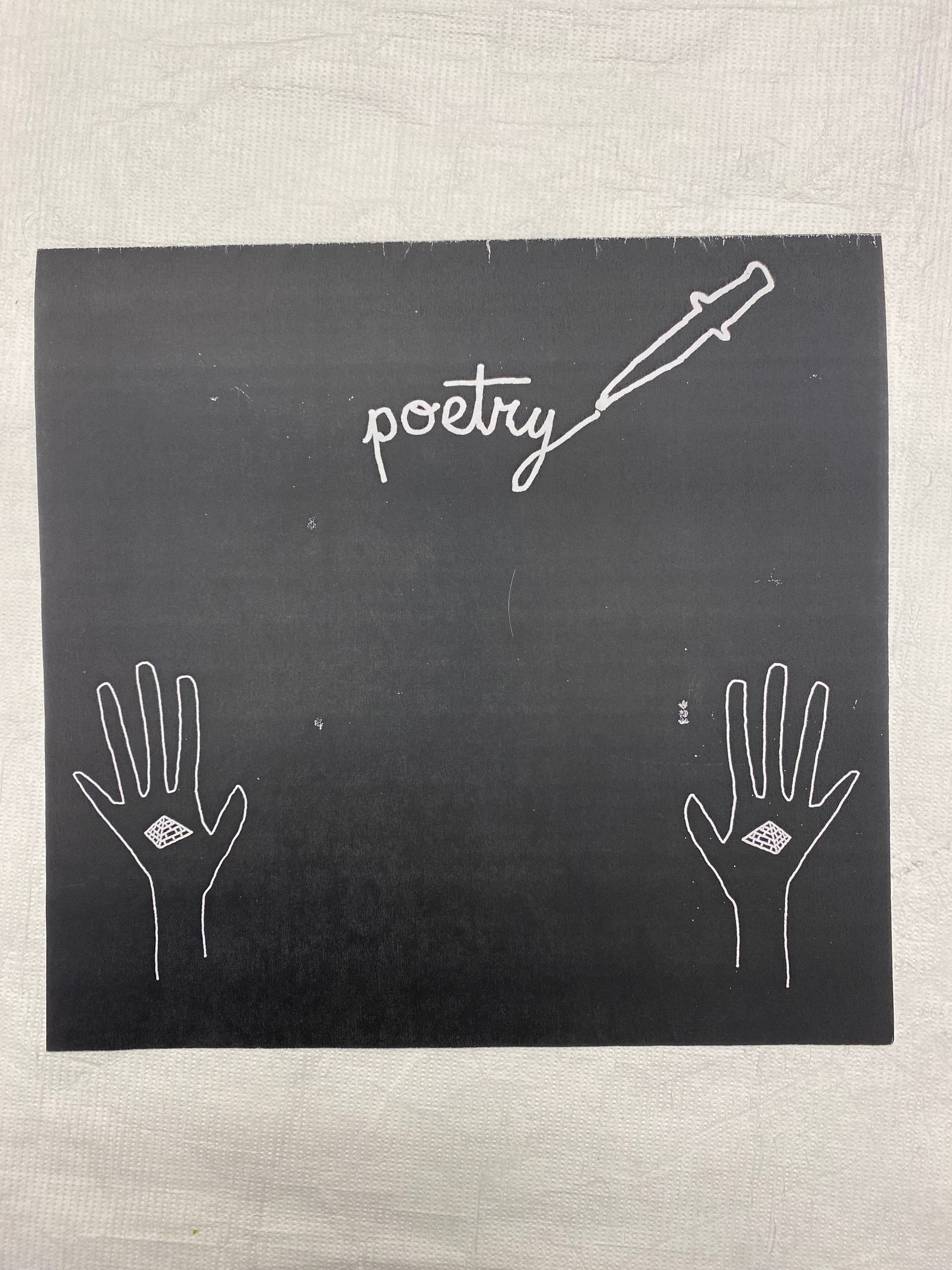 Poetry/ Your Planet Has Not Seen Its Golden Age, cover: Small folded booklet with additional folded booklet and three individual vertically printed images inside. Both booklets utilize printed images with text. The first booklet poetry depicts open hands with pyramids in each palm with the word poetry scrawled across with top and a knife with a letter to the reader on the backside. The second booklet contains imagery on the front and back of two intertwined serpents and scrawling text greetings sisters. Interior individual prints depict various motifs. The first is a lake of fire with a serpent form and an aline eye with legs, the second is layers of the earth with various forms in it and a UFO above, and the third depicts two pyramids surrounded by a grid form with an all-seeing eye in the sky.