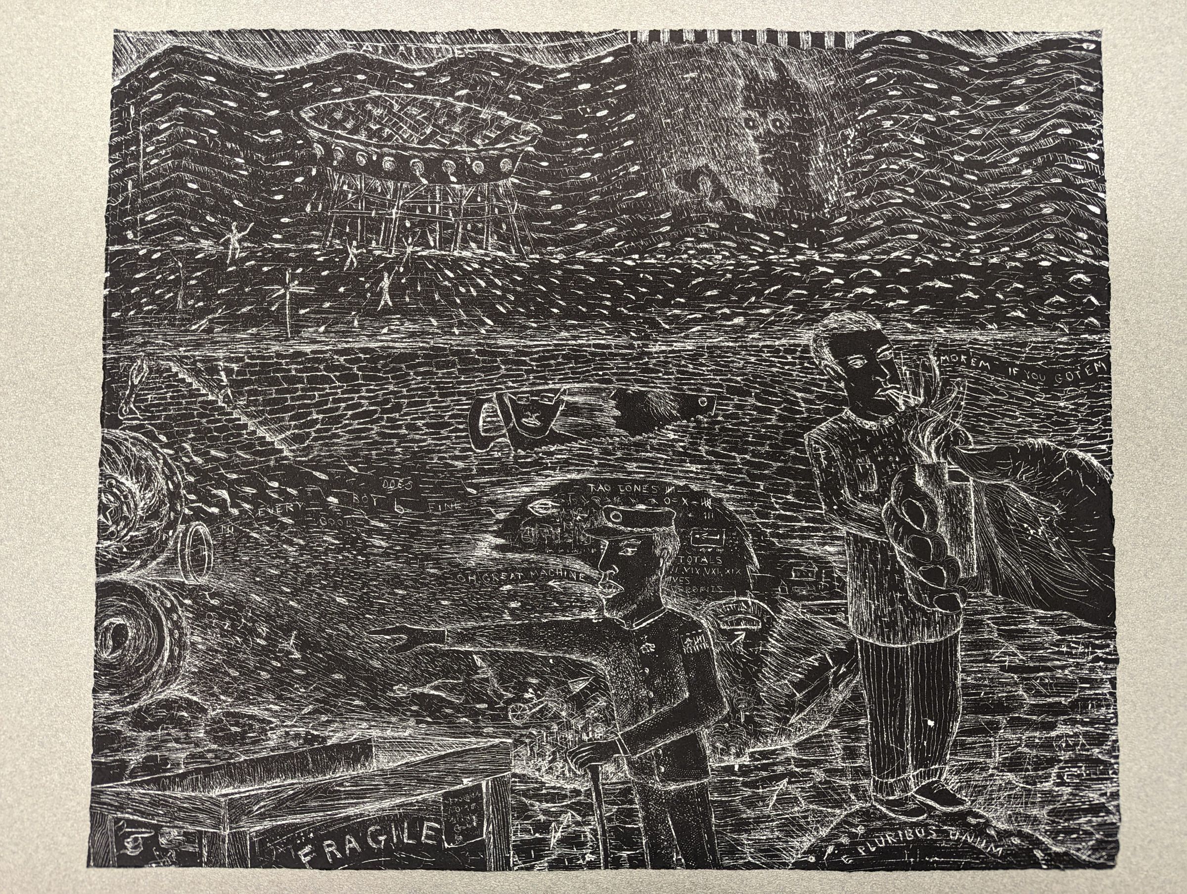 Front of print: A large full-bleed print on deckle edged paper. The paper is covered in black pigment, with details and contours subtracted out in white. On the right side, a man stands on a rock labeled "E PLURIBUS UNUM" smoking multiple cigarettes while a large hand lights them with a lighter. To the left, a man in military uniform says "OH GREAT MACHINE" as he pushes a cart with a box labeled "FRAGILE" and points to a pair of wheels abutting a pipe spewing particulate. Above his head is a saw with a reflection of two portraits in it. Behind both men is a wall or hill of bricks leading up to a field in the distance, where tiny silhouettes of people point up to a pie stood up on scaffolding to the left. To the right, a vague silhouette of a cartoonish person with goggles and protrusions from the head is vaguely visible. The field and the sky are full of white droplets, as if it were raining and windy.
