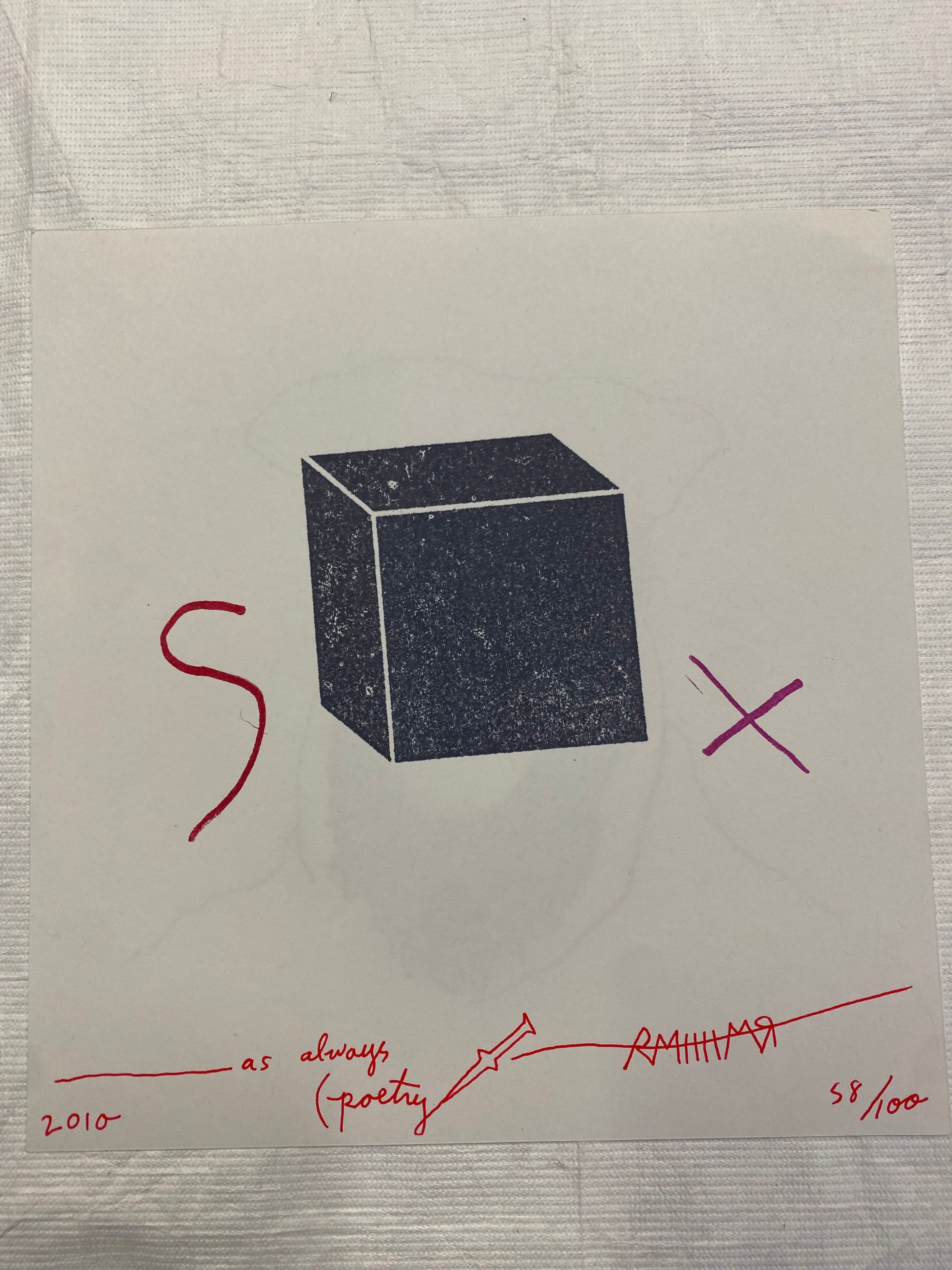 As Always Poetry: Three small prints on paper are kept together in a clear archival bag. The first is an image of a box with the letters s and x on each side. Beneath the image in scrawling red text are the title and various symbols. On the reverse side is a line portrait of Nostradamus wearing a female symbol earring. The second print is a pattern of repeated black-and-white circles on perforated paper. The third print is a letter to the viewer using the lyrics from Fleetwood Mac's DREAMS on perforated paper with the artist's name printed in rainbow colors in the bottom right region.