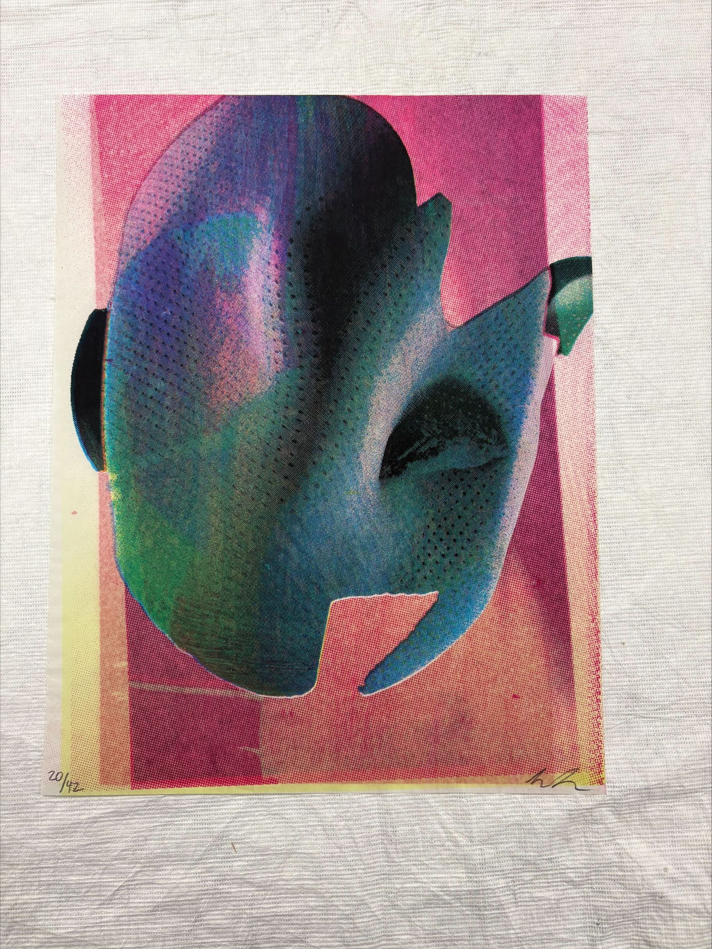Front: A vertically oriented , medium sized screen print that uses a multitude of colors. The print depicts an abstract form on the front that takes up most of the page, while the back shows an overlapping of pink and black forms.