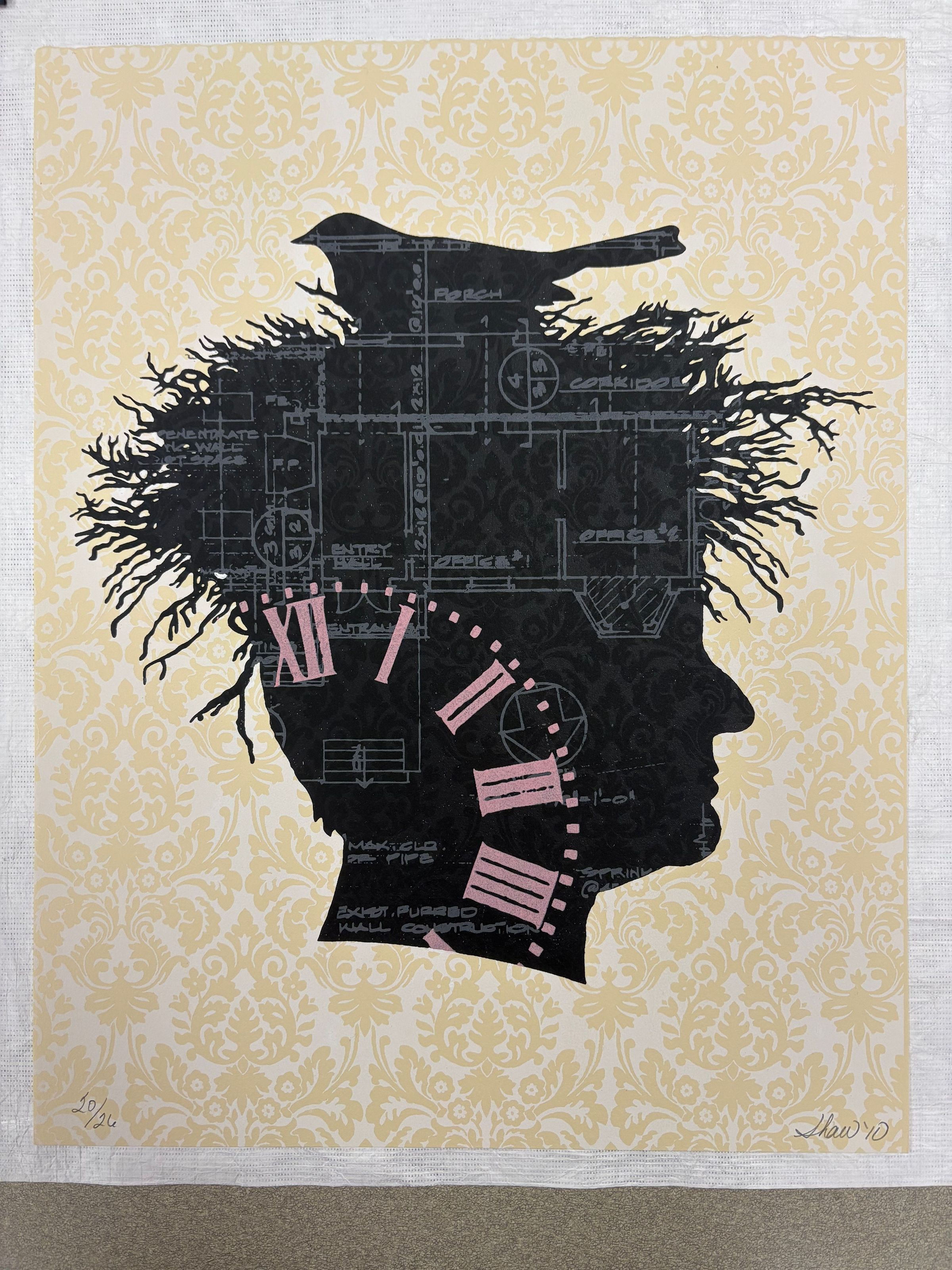 Front: A medium sized, vertically oriented print that has multiple colors of pigment such as black, yellow, pink, grey and cream. The print depicts a profile silhouette of a head with a birds nest on top of it. The silhouette has a printed a schematic on it and for the background it is a detailed floral pattern.