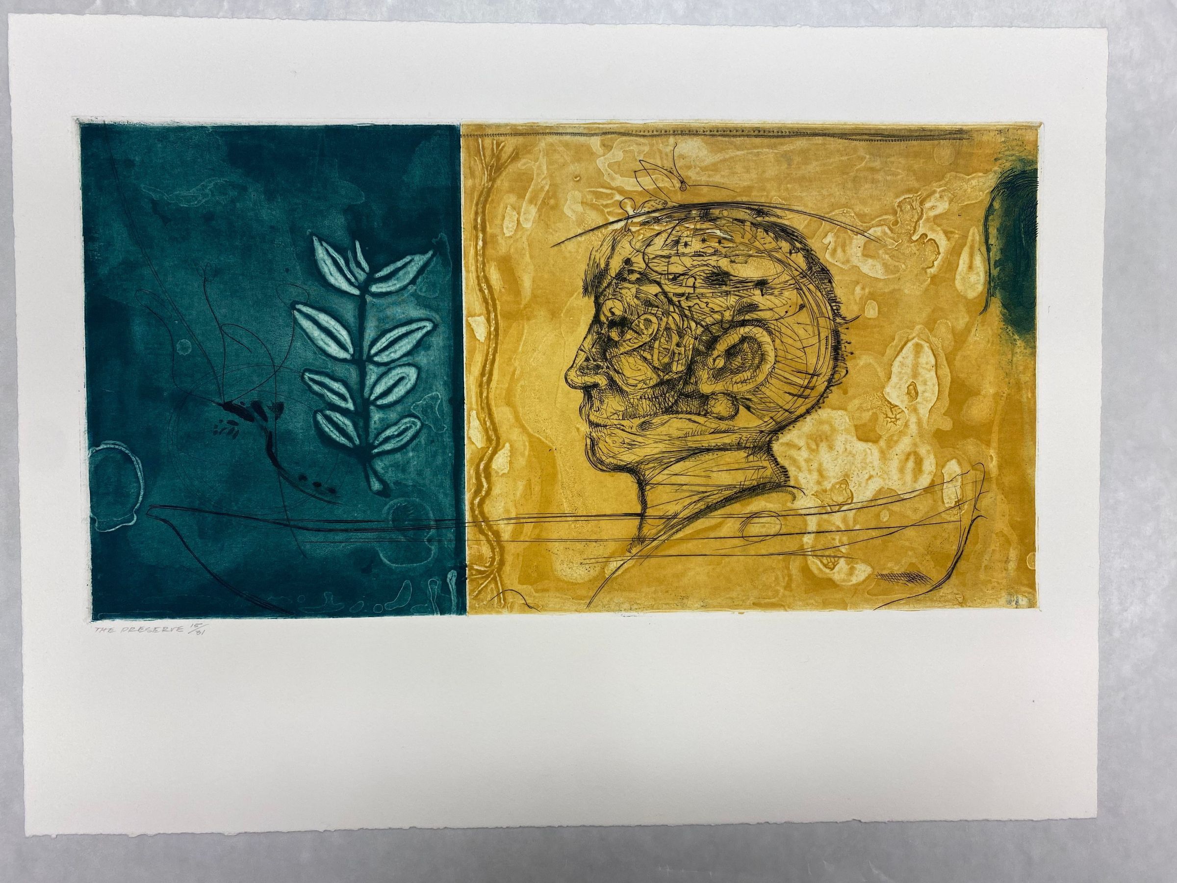 The Preserve (Overall shot): A medium-large horizontal print containing two district panes separated by color and composition. The green left side contain abstract lines and circular forms with a prominent leaf motif. The yellow right side contains a human head in a profile position (facing left) contains a translucent effect display anatomical details of muscle tissues.