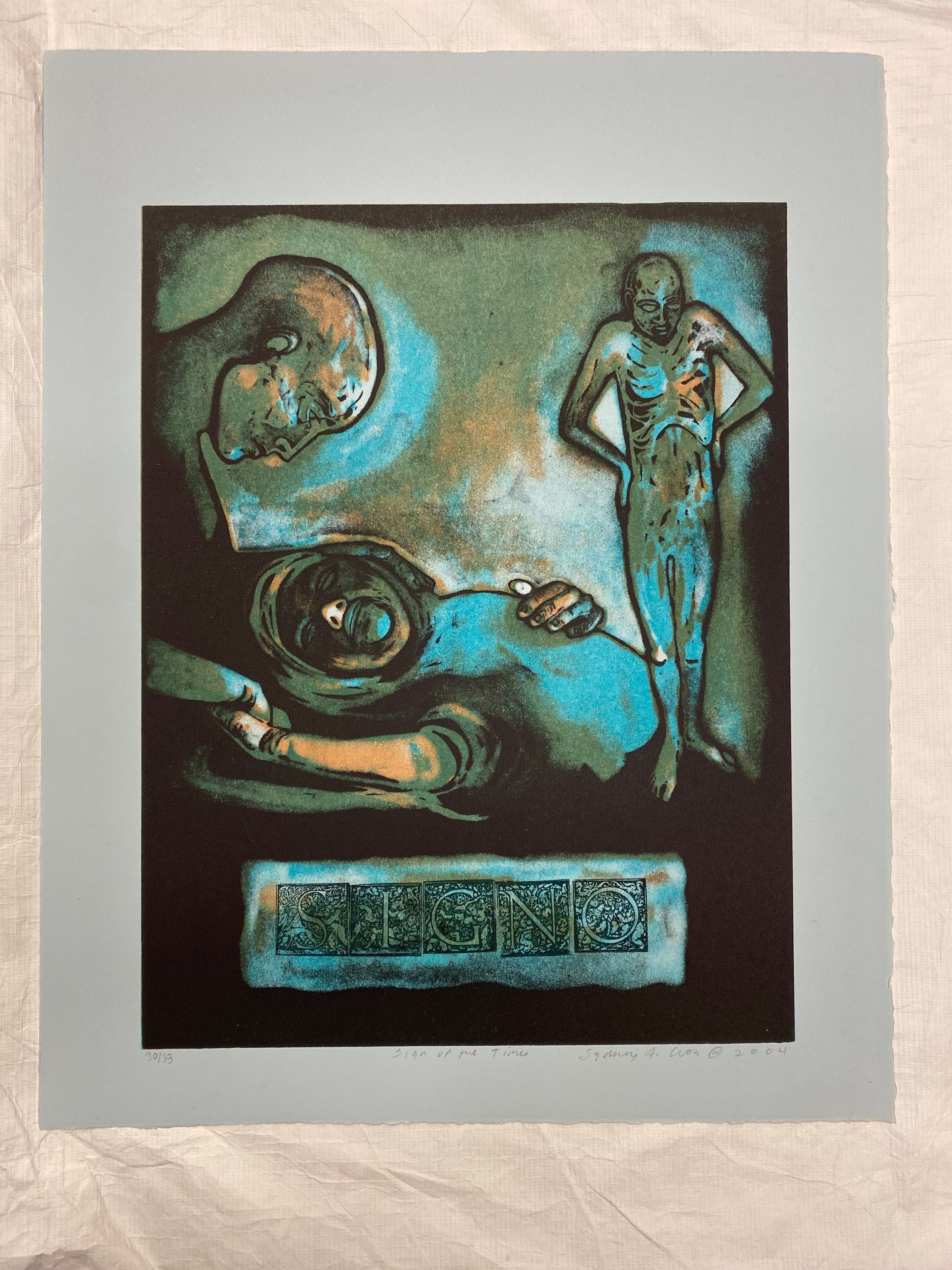 Sign of the Times: Medium sized vertically oriented print utilizing black, blue, grey, green, and orange tones on blue cotton rag paper with deckled edges. The image is of three figures above stamped historiated, decorative letters that read SIGNO. On the right proper, the top half of a figure in profile comforts a smaller figure crying out with eyes closed and its head in the larger figure's lap. On the left proper, a smaller emaciated figure in complete form is rendered with eyes downcast and hands on its hips.