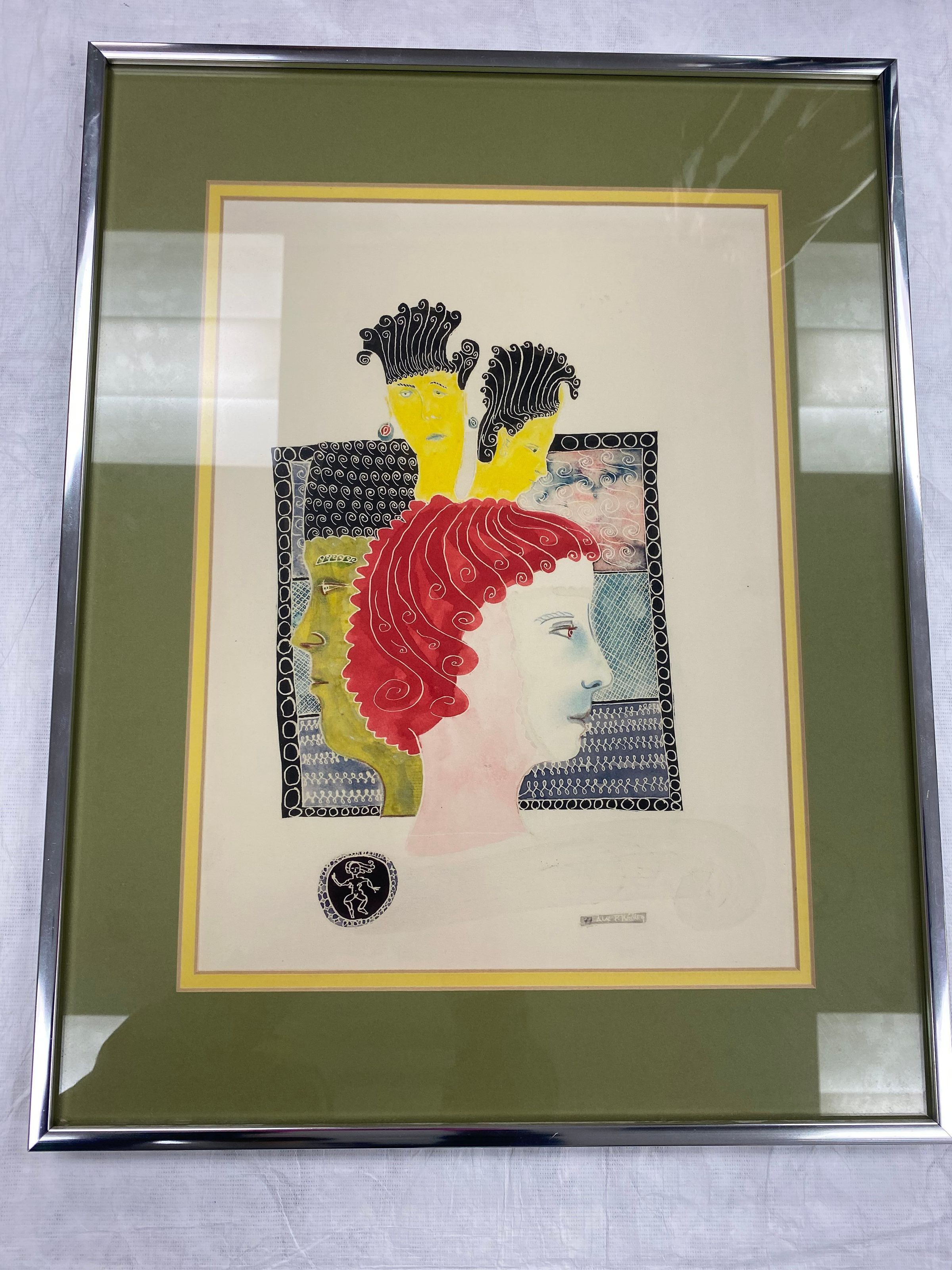 Two Heads: Color print with four portraits. The front-most portrait is in side-view facing the right and has red hair with white swirls. The second portrait is directly behind the first and is also in profile but facing the left. The second portrait has a darker yellow tone and tall black hair with white swirls. The third and fourth portraits are smaller and sit on top of the first two. The smaller portrait to the left is forward facing in yellow with black hair standing tall with white swirls. The smaller portrait to the right is facing to the right and also yellow with tall black hair with white swirls. The background behind the portraits is a square with three sections. The matting on the print is double layered with yellow on the first level and green as the top layer.