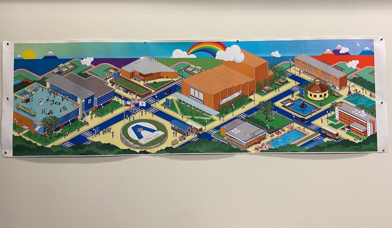 UTA Map: Extra large horizontally oriented inkjet print on paper that depicts a digital cartoon version of the University of Texas at Arlington campus with identifiable landmarks and architecture. There are figures active and interacting throughout the landscape both with each other or the environment.
