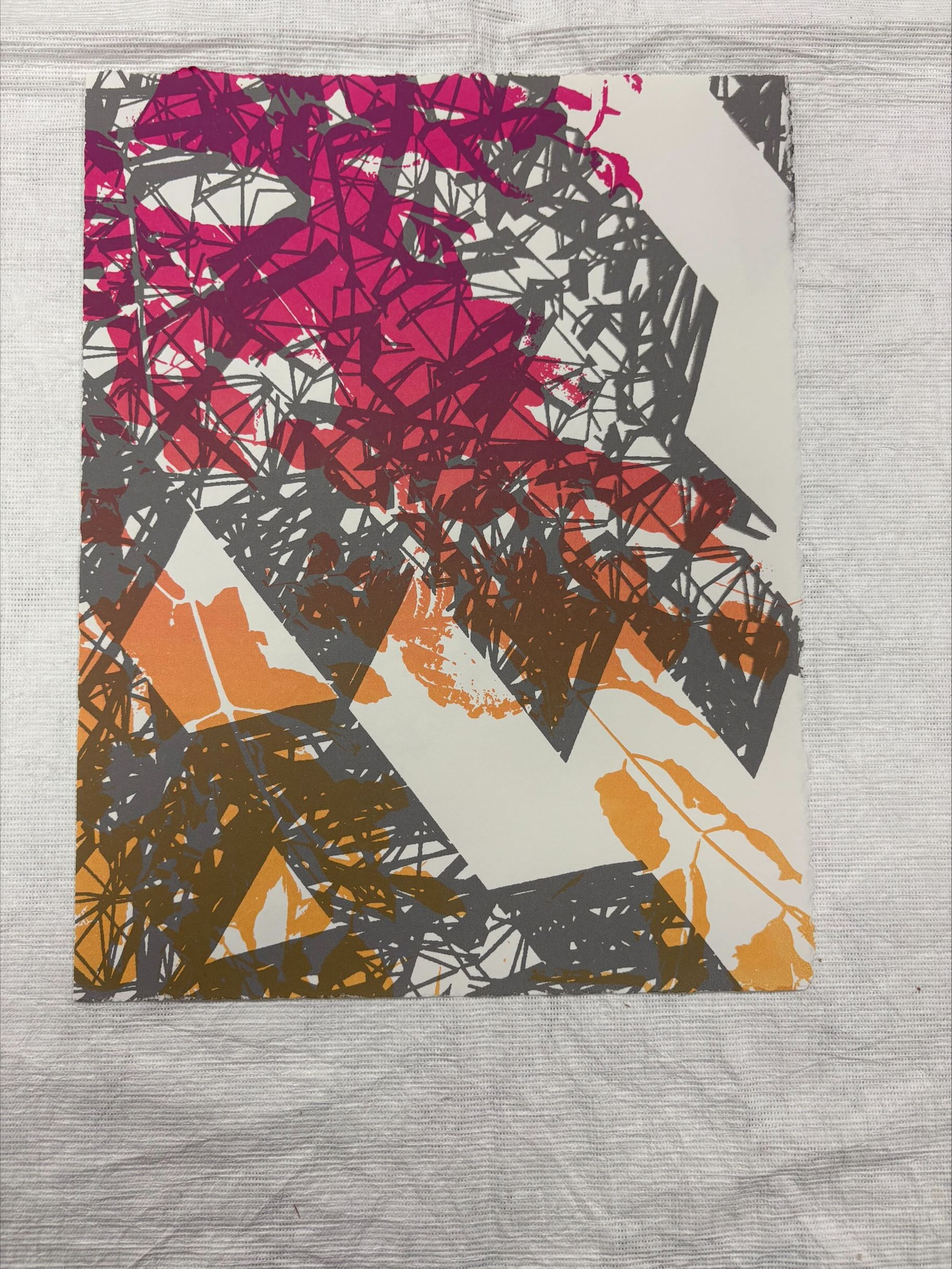 Front: A vertically oriented, standard letter sized screen print with multiple colors such as pink, orange, and grey. The print depicts various geometric shaped overlapping one another in no distinct pattern.