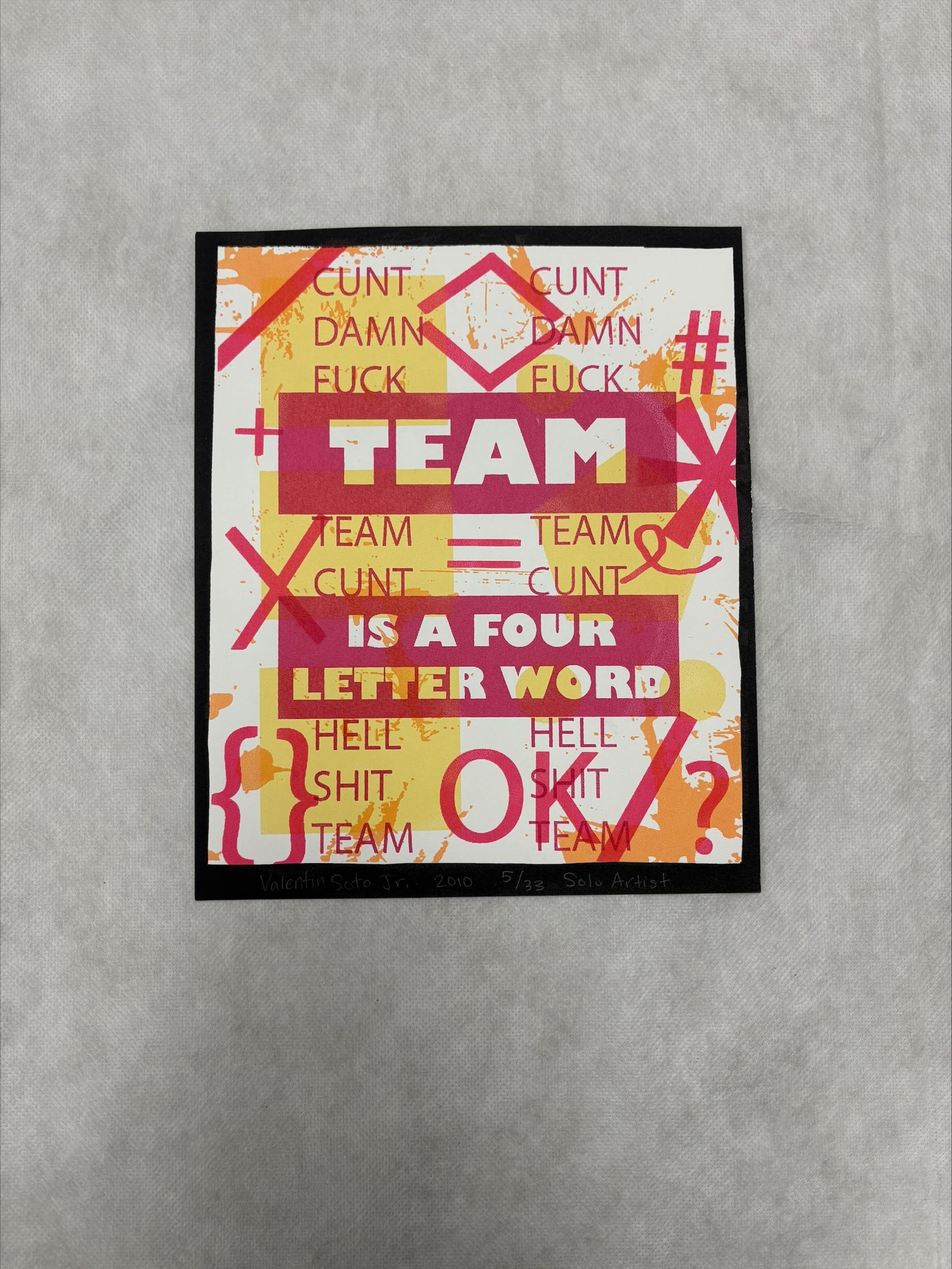Front: A vertically oriented, medium size double-sided print that is multicolored. The print utilizes both text and symbols to construct the central theme of the piece with the front having a variety of profanities and symbols like a percentage symbol. While the back of the print is made up primarily of road sign symbols.