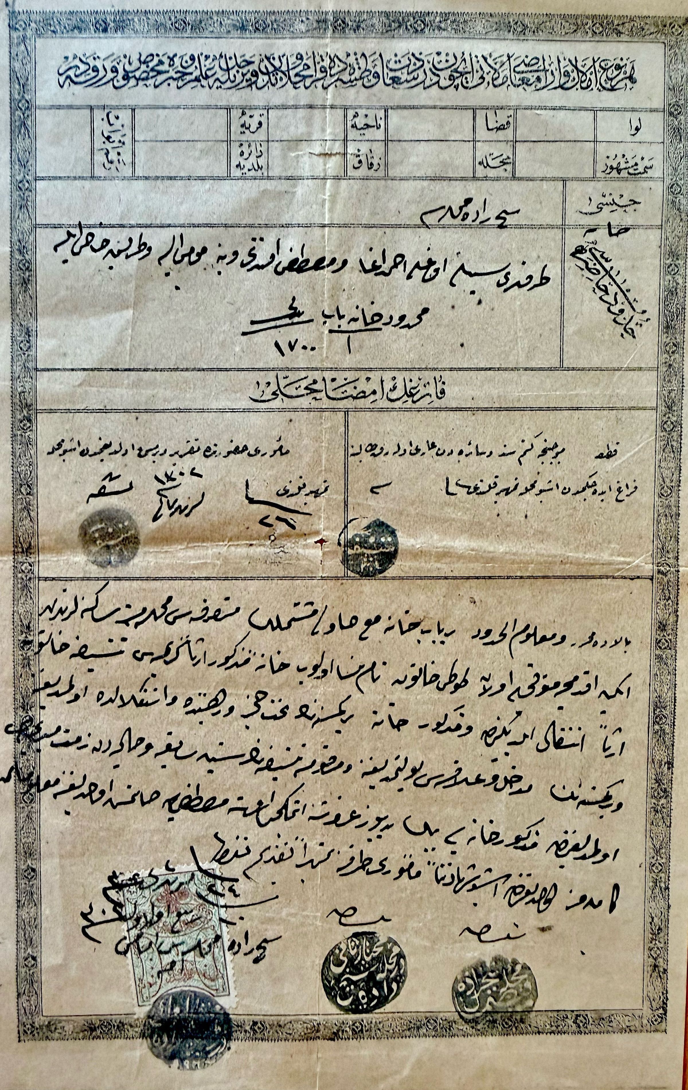 Balada muharrer ve malumul hudud bir bab hane mea havlu müştemilin mutasarrıfası mahallemiz sakinelerinden iken akdemce müteveffiye olan dudu hatun nam nisa olup hanei mezkûr.....sı tenife hatuna.... İntikal eylediğinden ve mezkûr hane bir kimesnenin tahtı haciz ve rahtında ve intikalde olmadığına ve bir kimesnenin müdahil ve alakası bulunmadığına ve merkume tenifenin seniyye sayıka ve haliyeden zimmeti miriyece olmadığından mezkûr haneyi bin yediyüz guruşa..... Mustafaya satmış olduğuna maalumuatı kamilemiz olduğundan işbu sehadetname memuru tarafına temhiren takdim kılındı Fi 24 teşrini sani sene 1302 Ve fi 10 rebiyyülevvel sene 1304 Şehzade mahellesi imamı imza