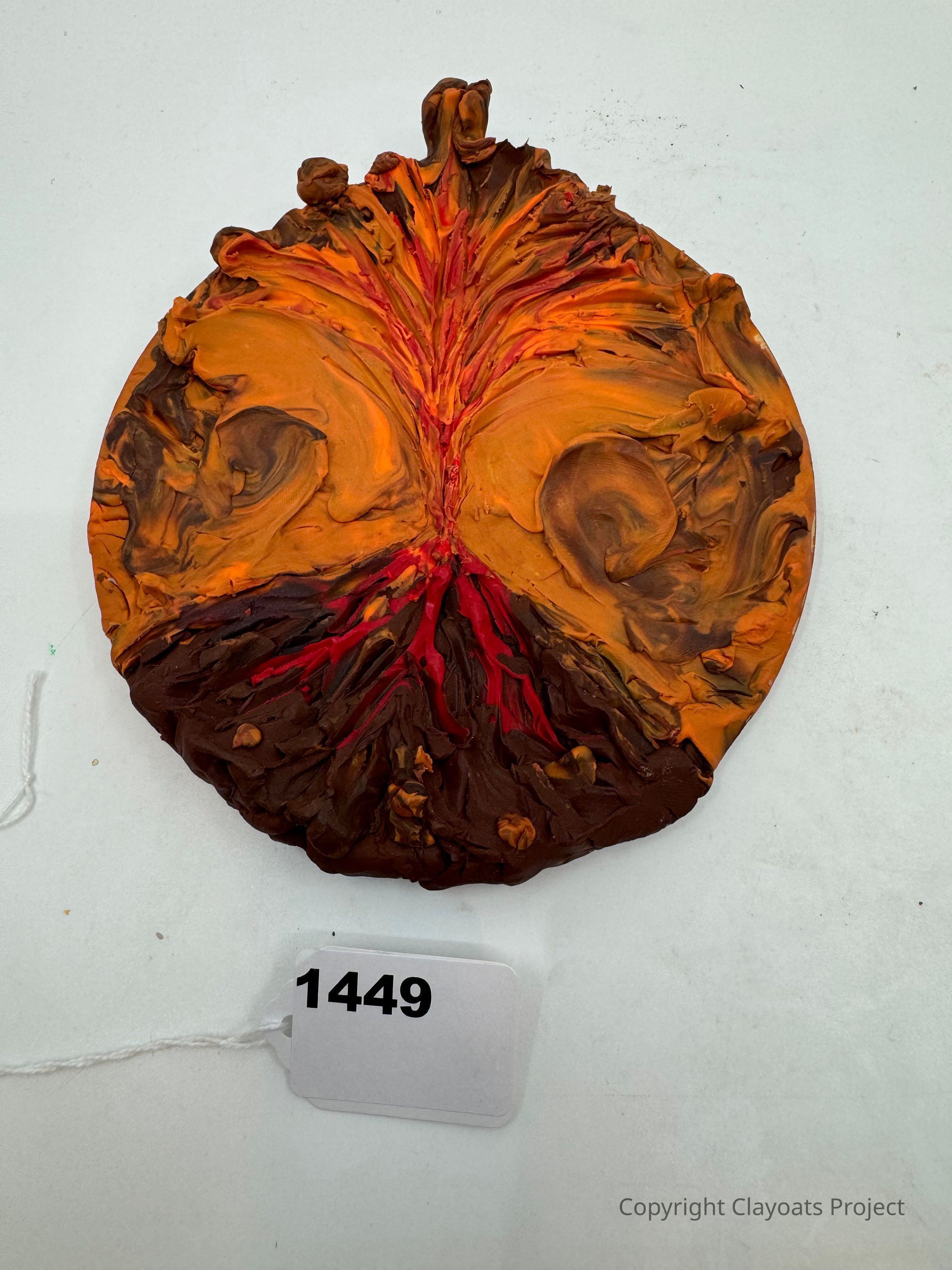 The image depicts a circular, textured artwork featuring rich, swirling colors of orange, red, and brown, resembling a fiery explosion or volcanic eruption, with each hue masterfully blending into the next, creating an intense visual effect, while the artwork appears to be made out of thickly applied paint or clay, giving it a three-dimensional look; adding a contrast that enhances the vibrant centerpiece.