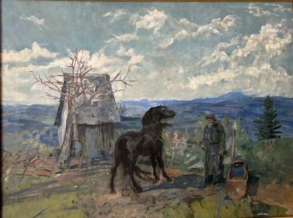 Landscape Painting with a Black Horse: A painting of a bearded farmer standing beside a water trough with a black horse in motion before him. A wooden shed and a bare tree are behind the man and the horse. In the distant background is a blue mountain range. The sky is light blue with white clouds moving across the sky.