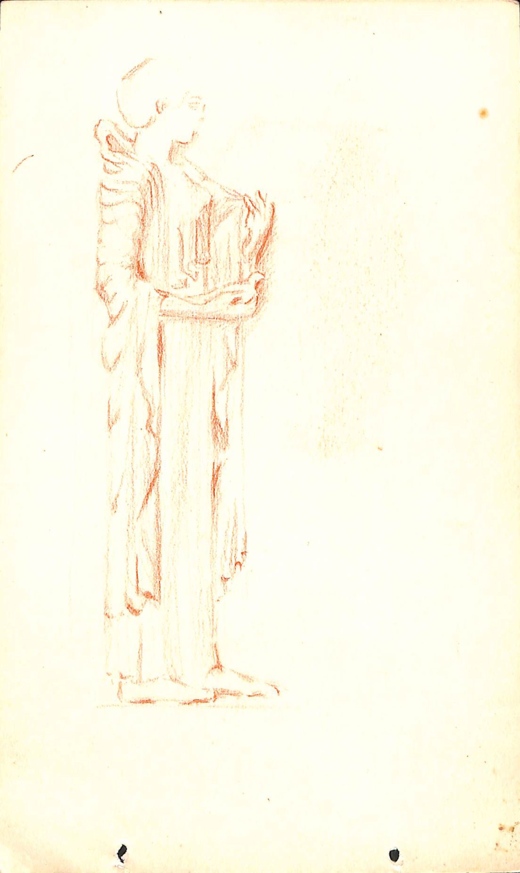 Two Unfinished Sketches of Women in Robes: Side A shows an unfinished sketch of a standing woman in profile. The sketch is done with a reddish-brown pencil and shows the woman in heavily draped robes, holding a dove in her right hand. The sketch on Side B is less finished, but done with the same colored pencil. It shows a woman in profile. She appears to be wearing a chiton or something similar, walking, and holding a tray or plate.