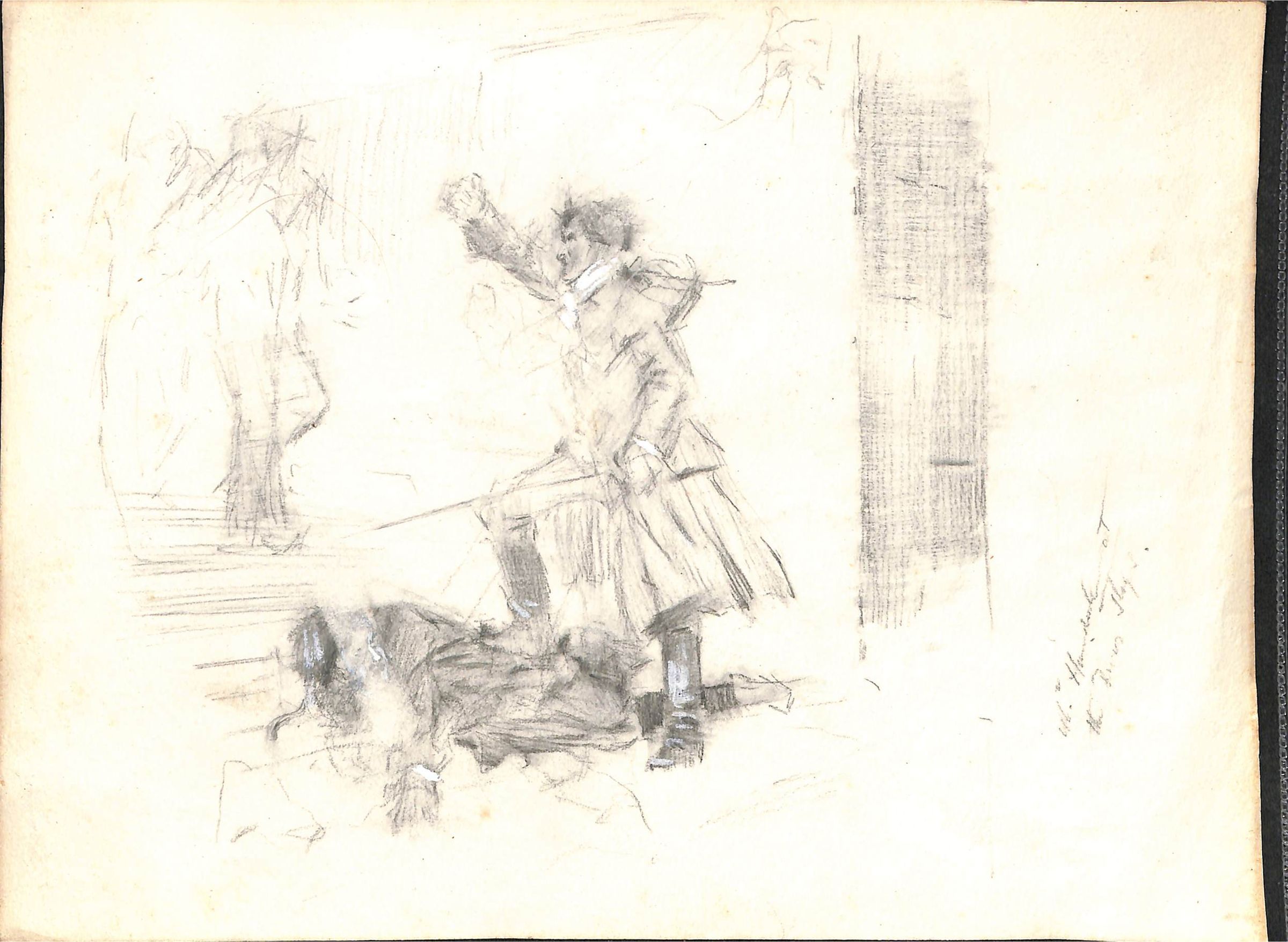 Scene of a Man with a Sword: Two graphite drawings that are hard to make out. The first side shows a man holding a sword with his fist raised in the air and his boot resting on the body of a man on the ground. There appear to be some unfinished figures in the background. The scene on the back of the paper appears to show two figures but it is very hard to make out.
