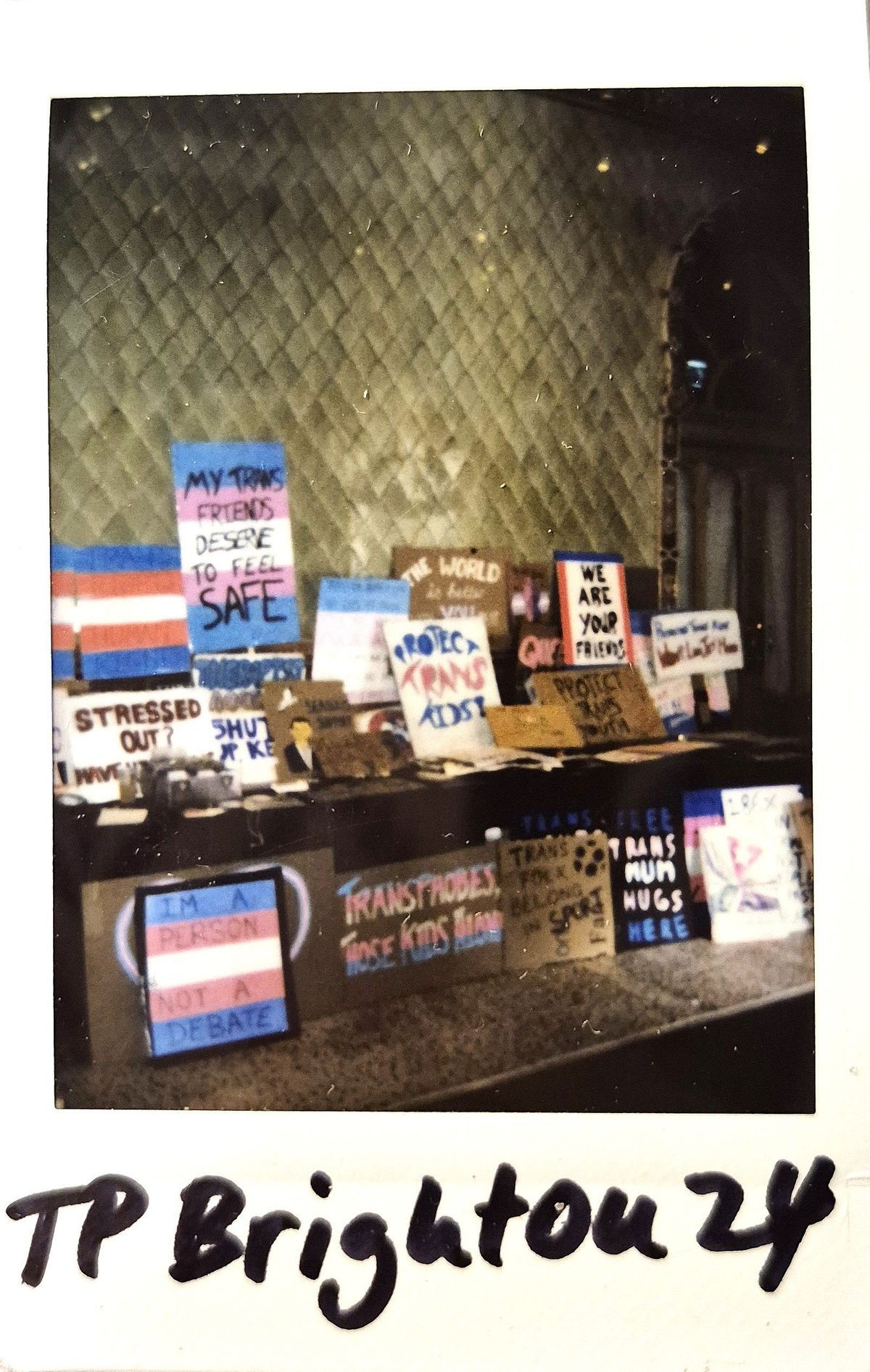 The photograph shows a collection of signs advocating for trans rights, displayed on a surface.