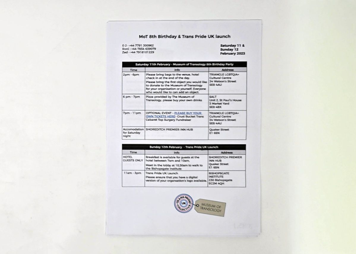 Museum of Transology's 8th Birthday & Trans Pride UK launch paperwork.