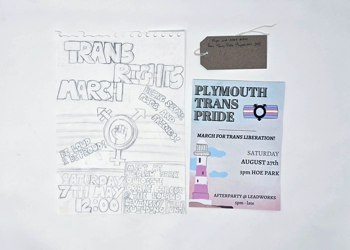 The image displays flyers for Trans Rights March and Plymouth Trans Pride, including event details.