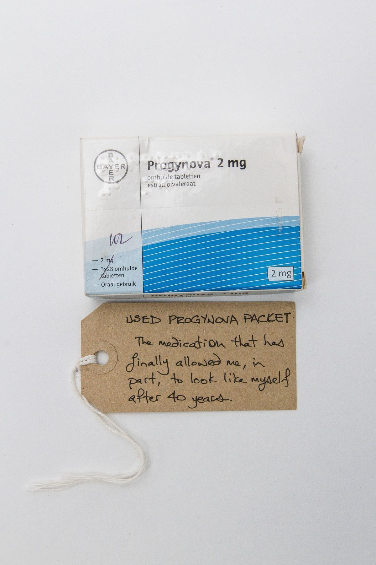 Blue/white card box reading "Progynova 2mg"