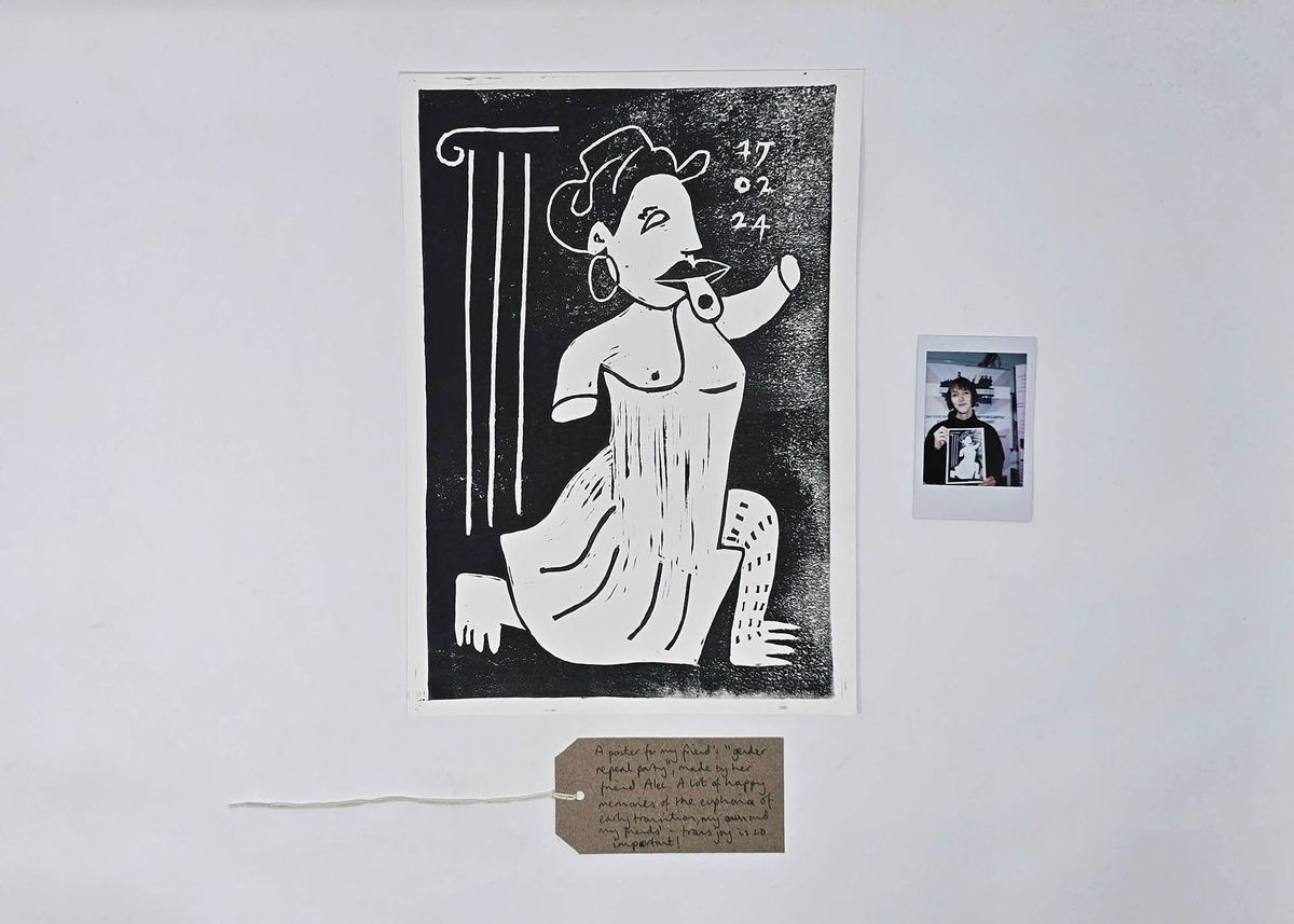 The image shows a black and white artwork with a date, alongside a small instant photo.