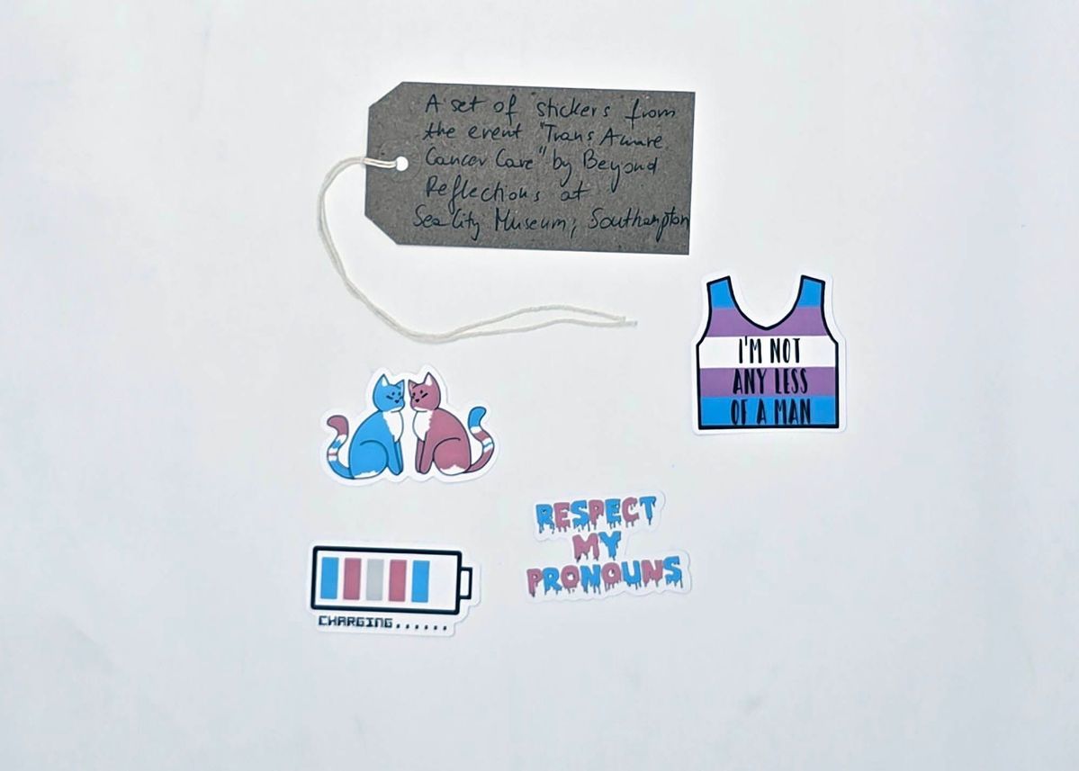 A collection of stickers from an event, including cats, pronouns, and battery design.