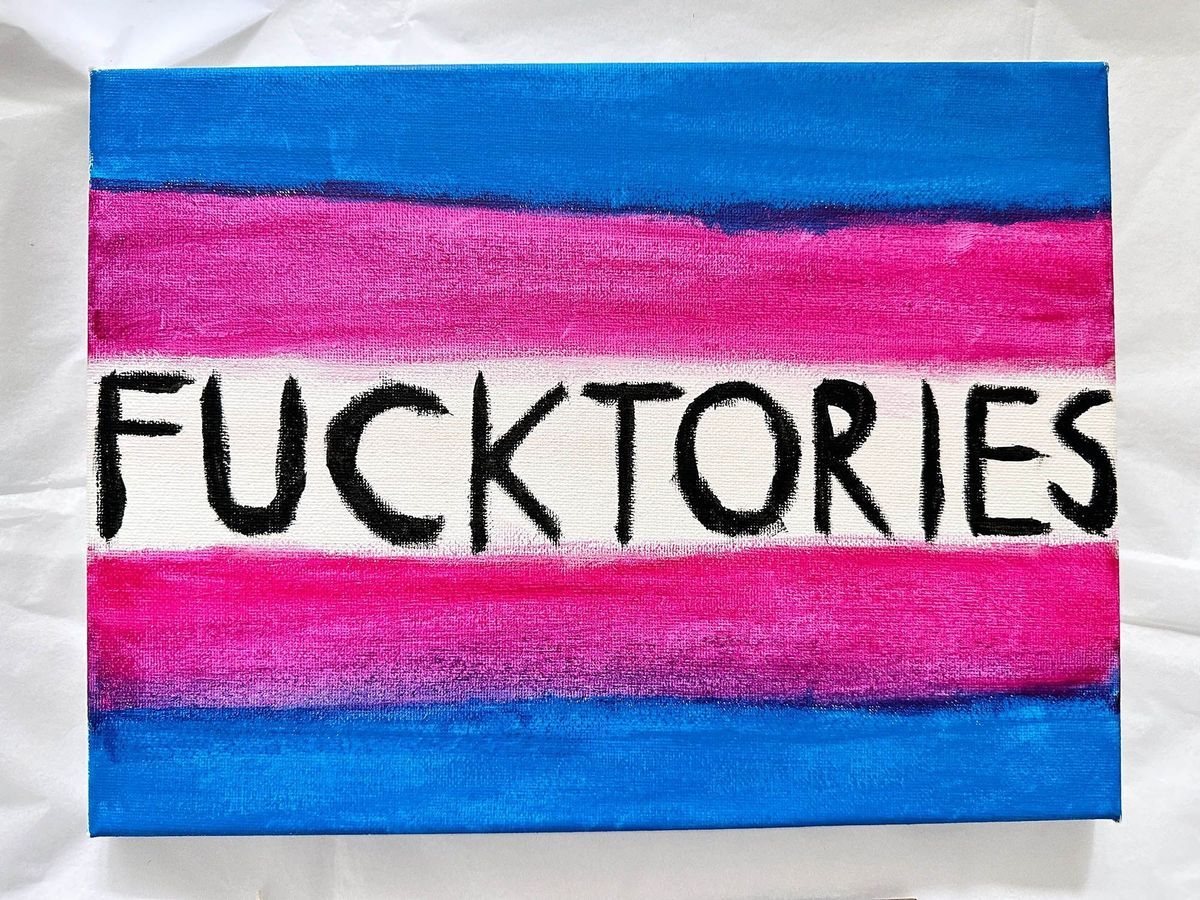 The image features bold text in black saying "FUCK TORIES" on a horizontal stripe background.