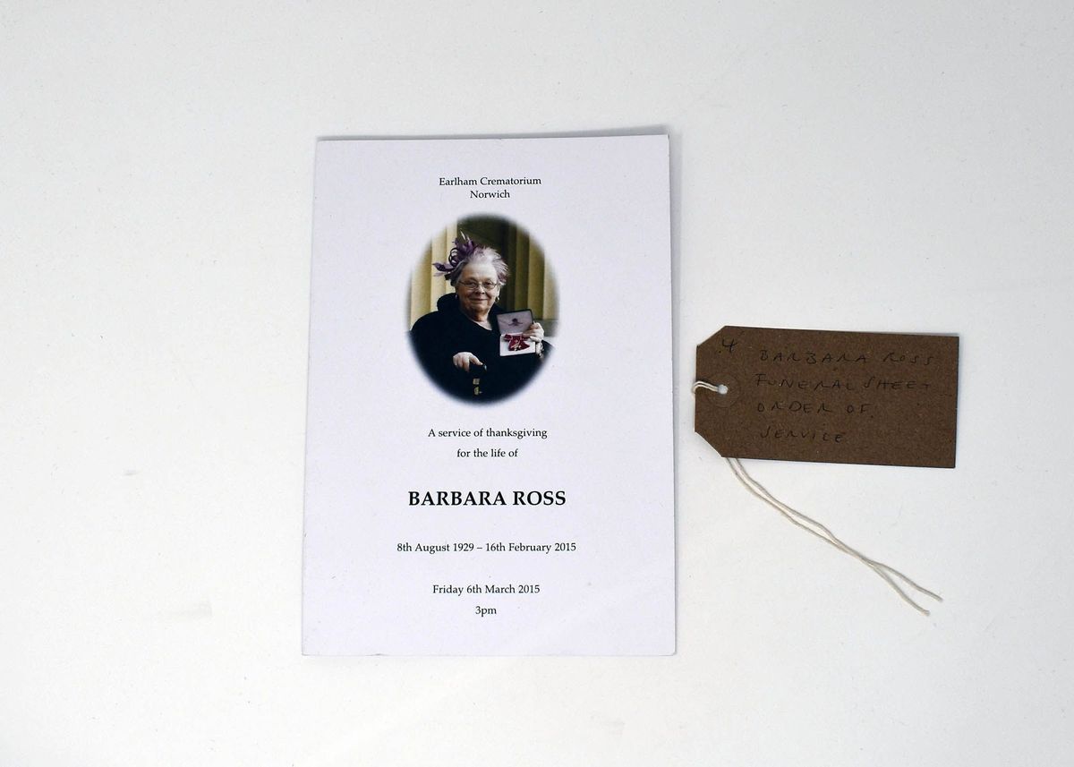 The image shows a funeral program for Barbara Ross, dated March 6, 2015.