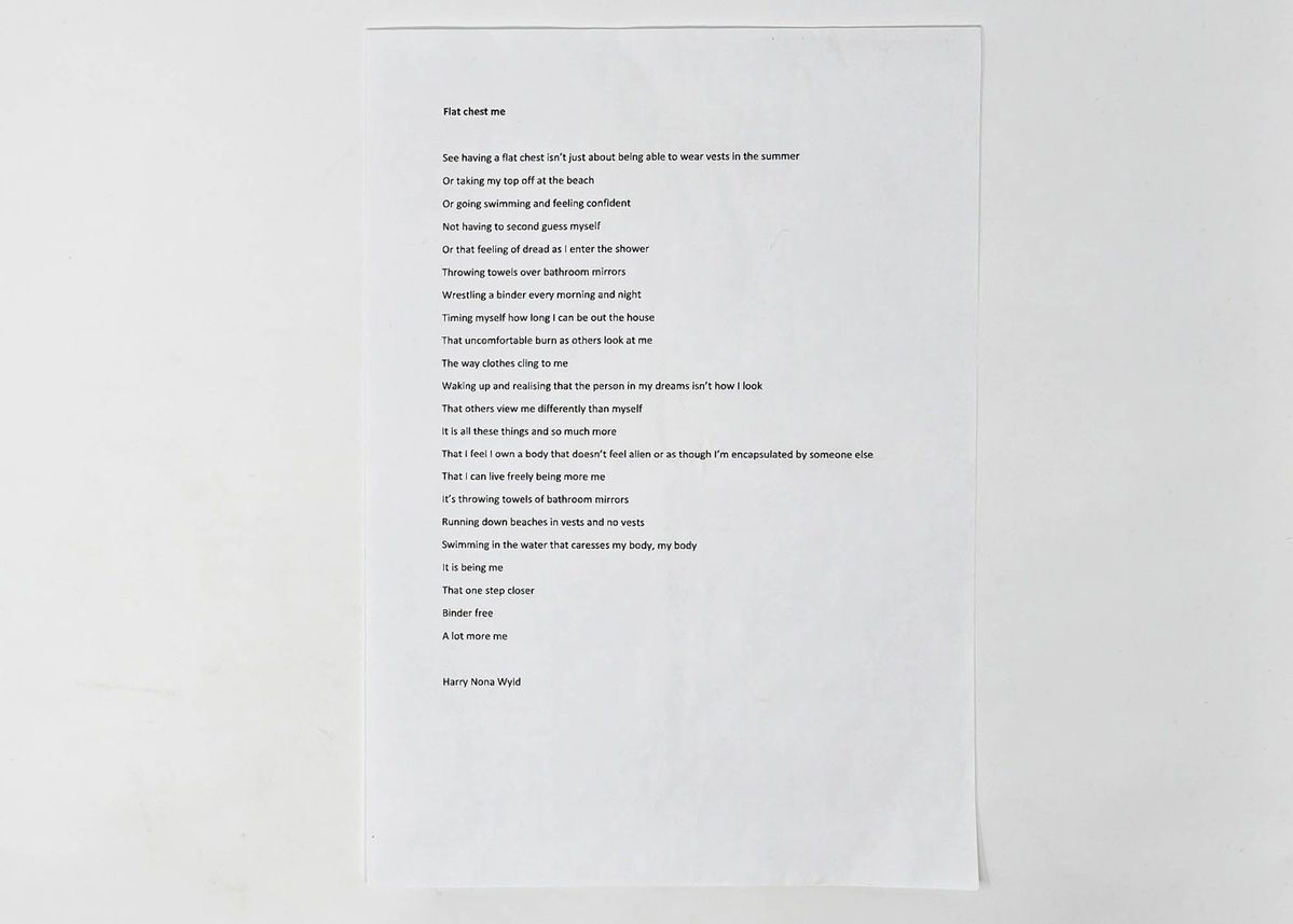 Sheet of plain A4 paper typed with poem "Flat Chest Me" by Harry Nona Wyld. In torn brown envelope addressed to E-J Scott.