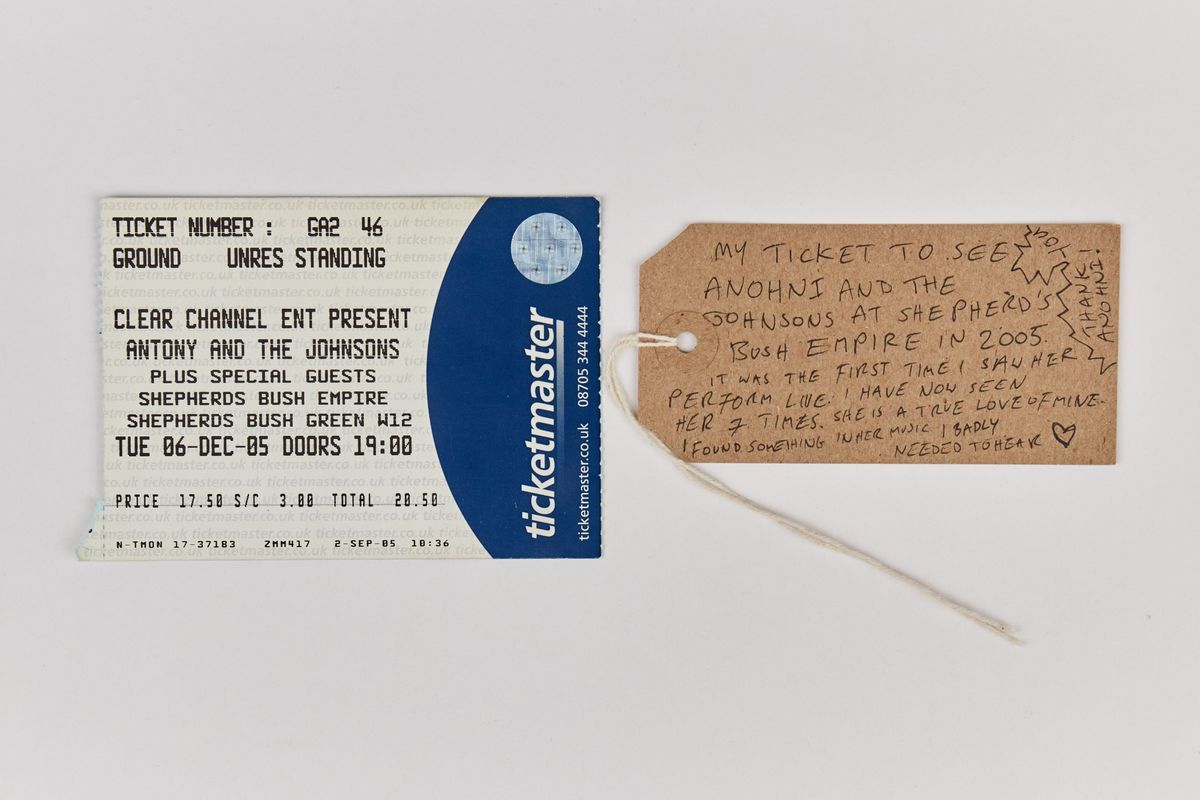 The image shows a concert ticket from 2005 and a handwritten note.