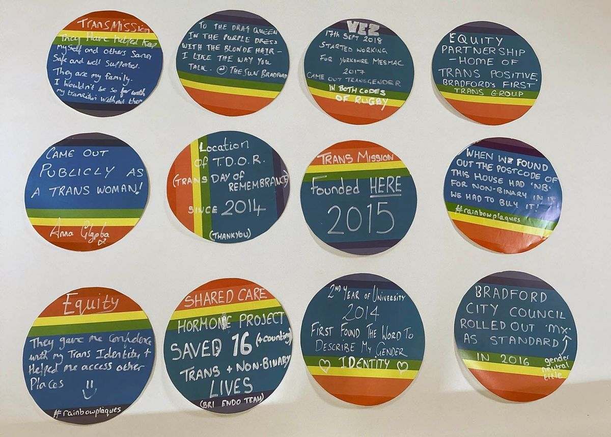 12 circular plaques with rainbow colored backgrounds. They all have different handwritten text in white on them.